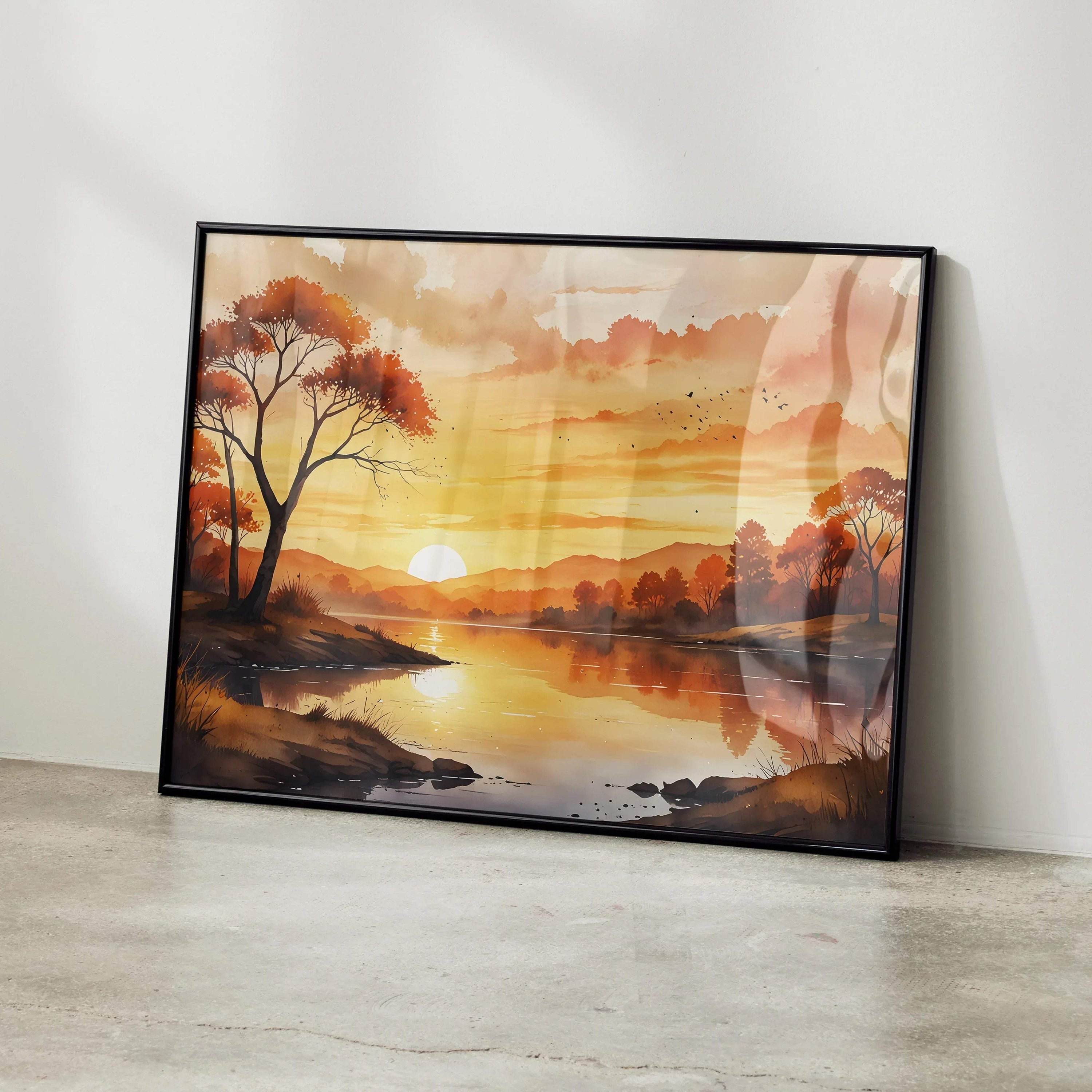 Watercolor sunset nature art poster with orange and yellow sky over reflective lake and autumn trees wall art.