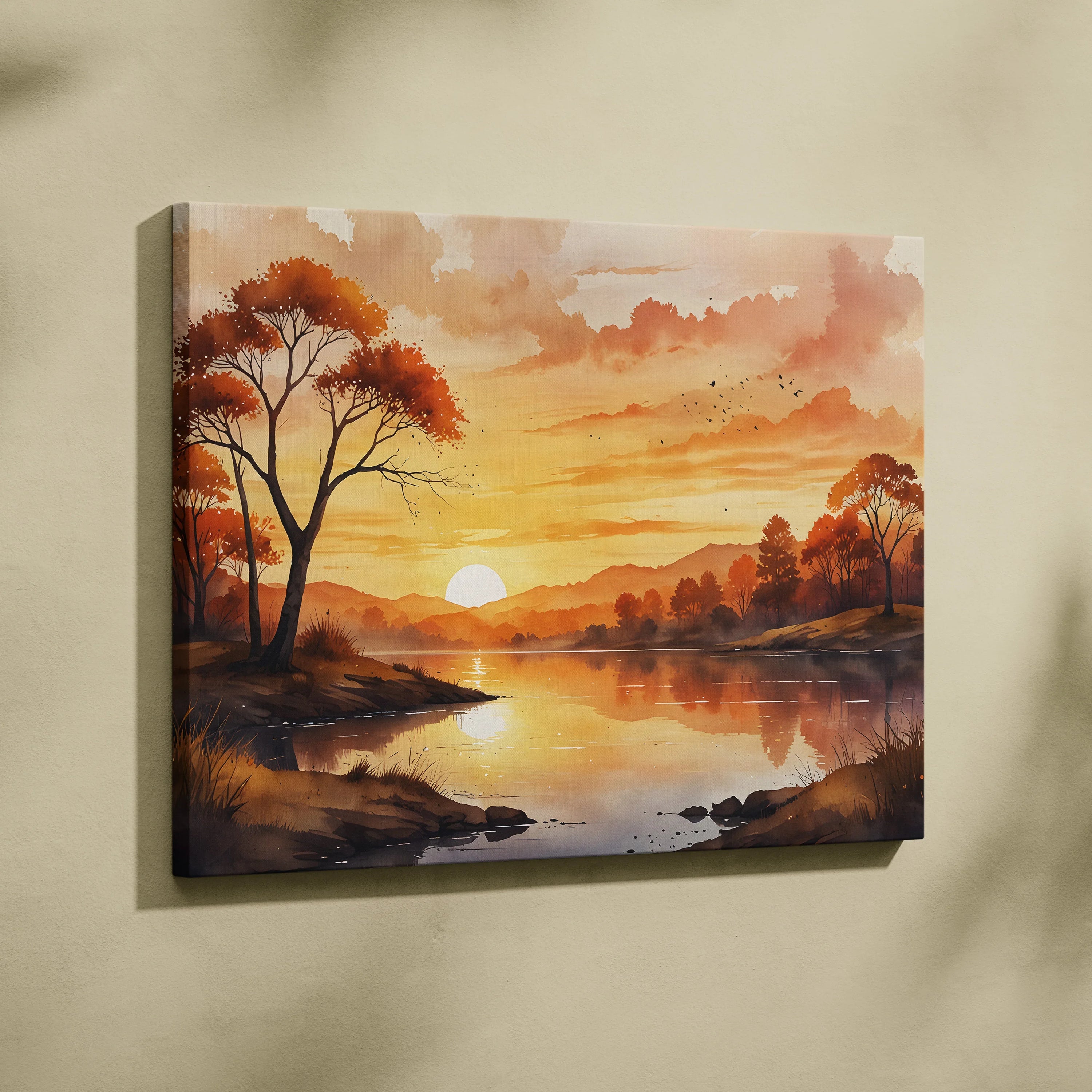 Sunset watercolor canvas wall art with golden sky, trees, and reflective river landscape.