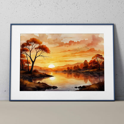 Watercolor sunset poster with orange sky, trees, and reflective river, framed wall art.