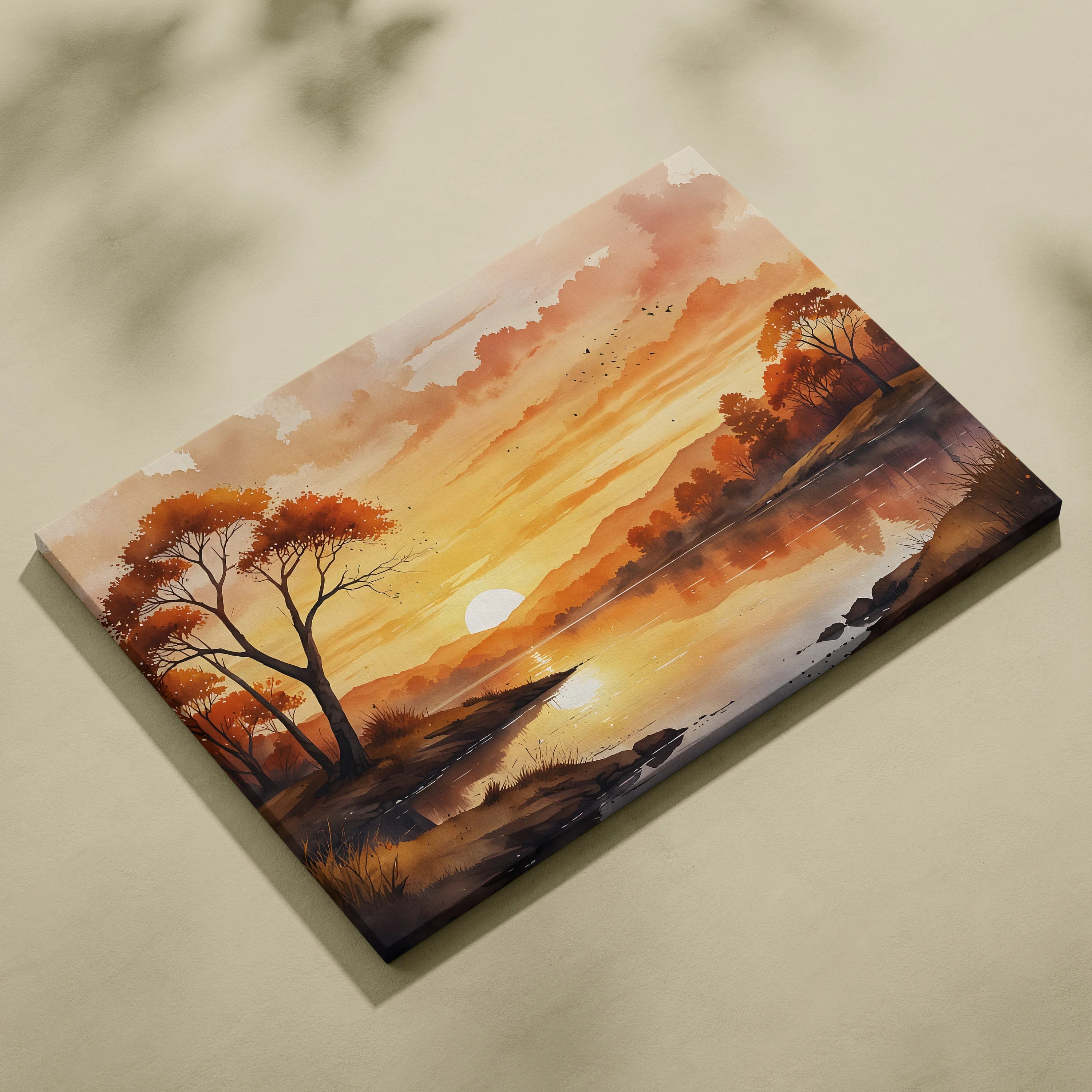 Sunset watercolor canvas wall art with golden sky, trees, and tranquil lake reflections.