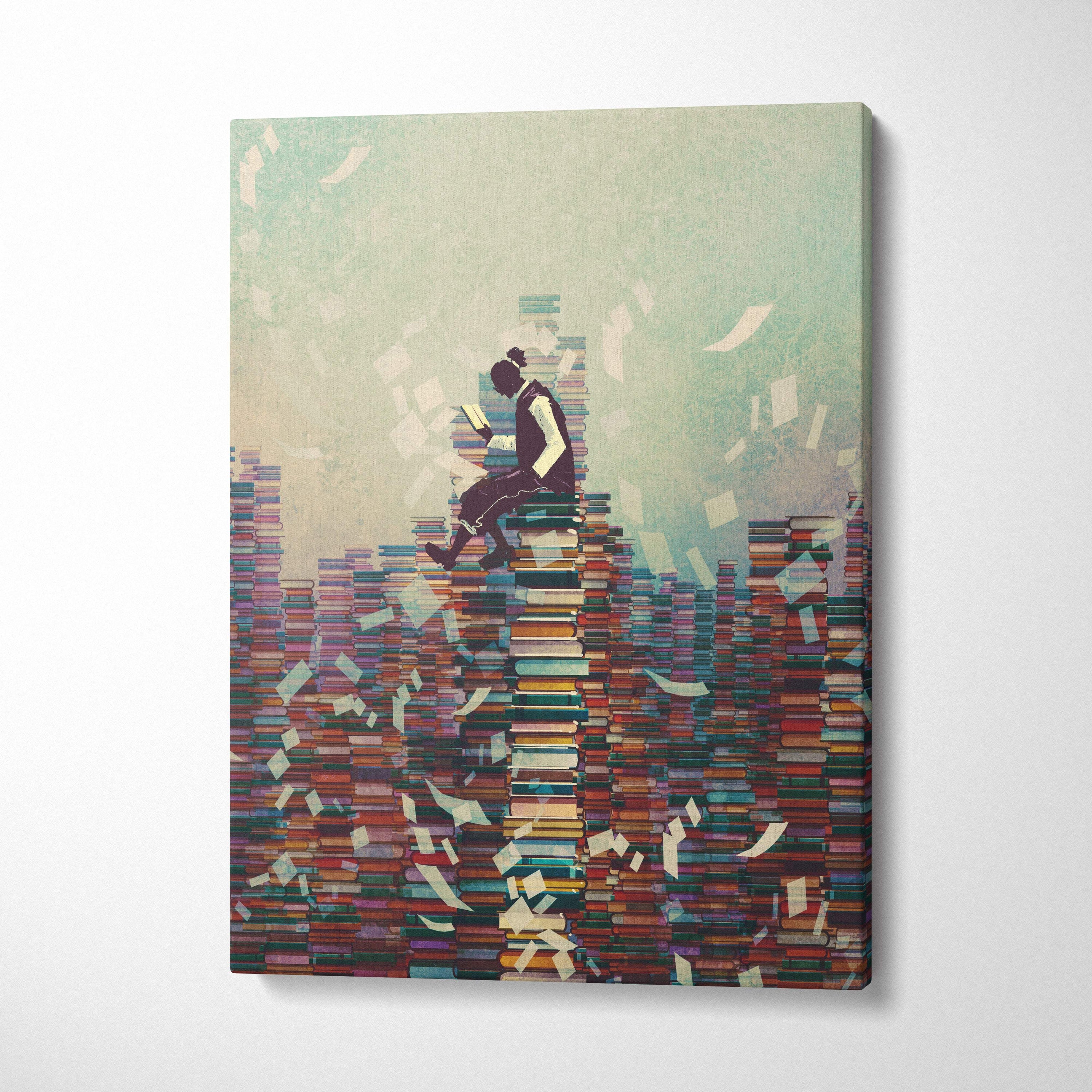 Rectangular canvas art showing a stylized silhouette reading among muted tone book stacks and floating papers