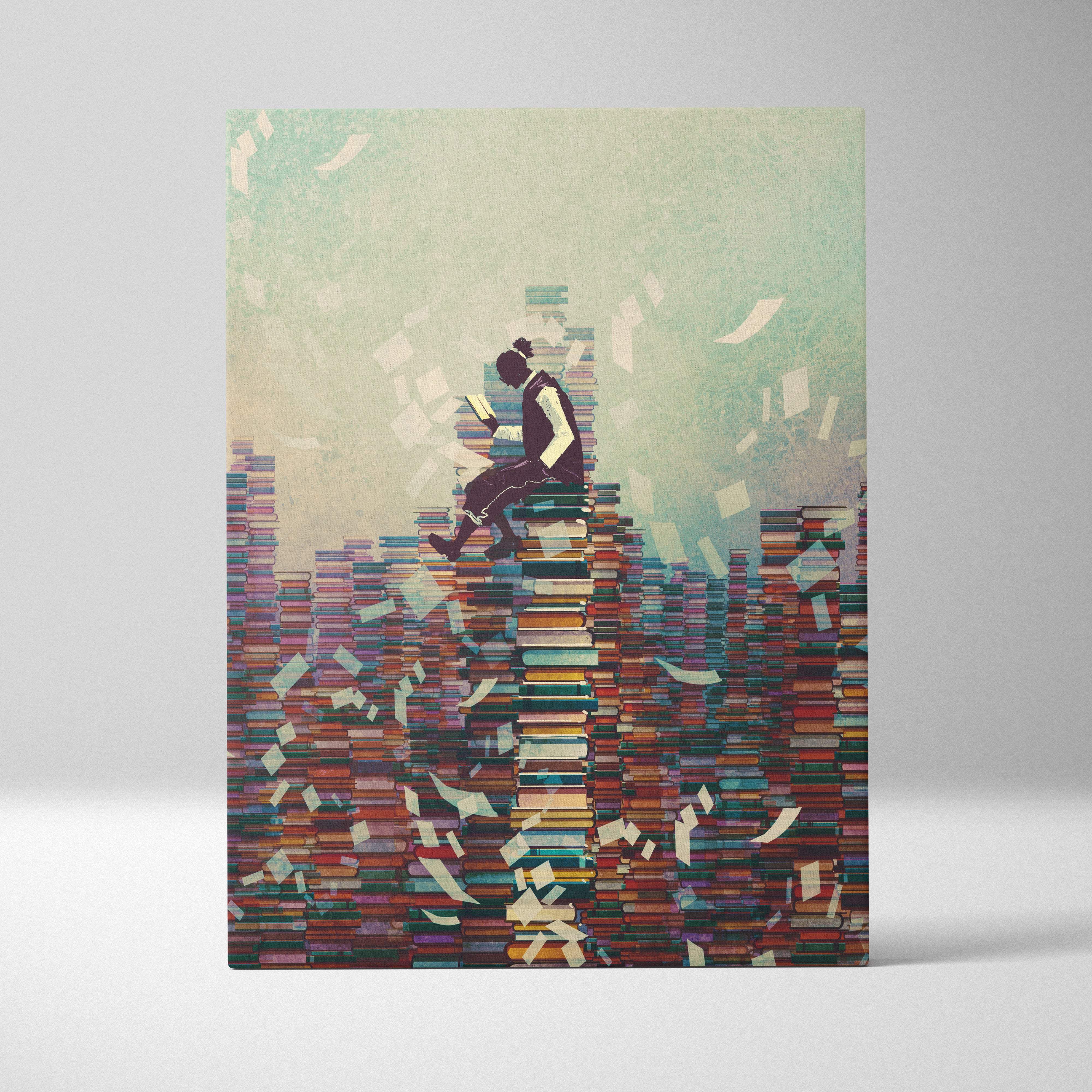 A stylized canvas print showing a figure reading atop earth tone book stacks with floating pages for wall decor