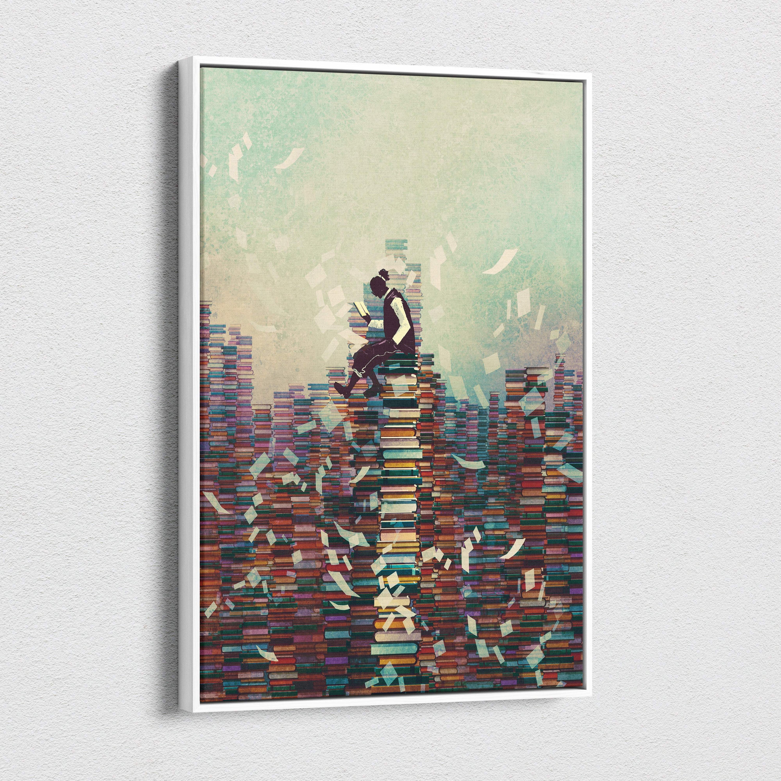 A framed canvas print of a colorful surreal book stack reader with floating pages for literary wall decor