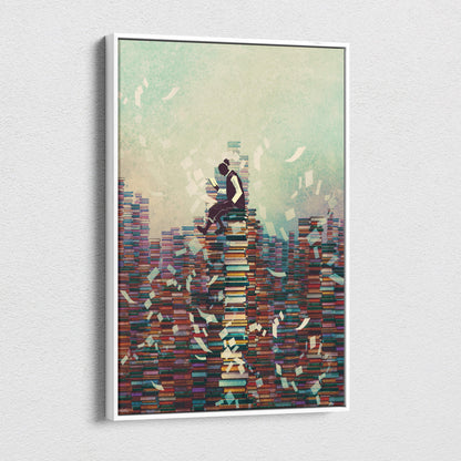 A framed canvas print of a colorful surreal book stack reader with floating pages for literary wall decor