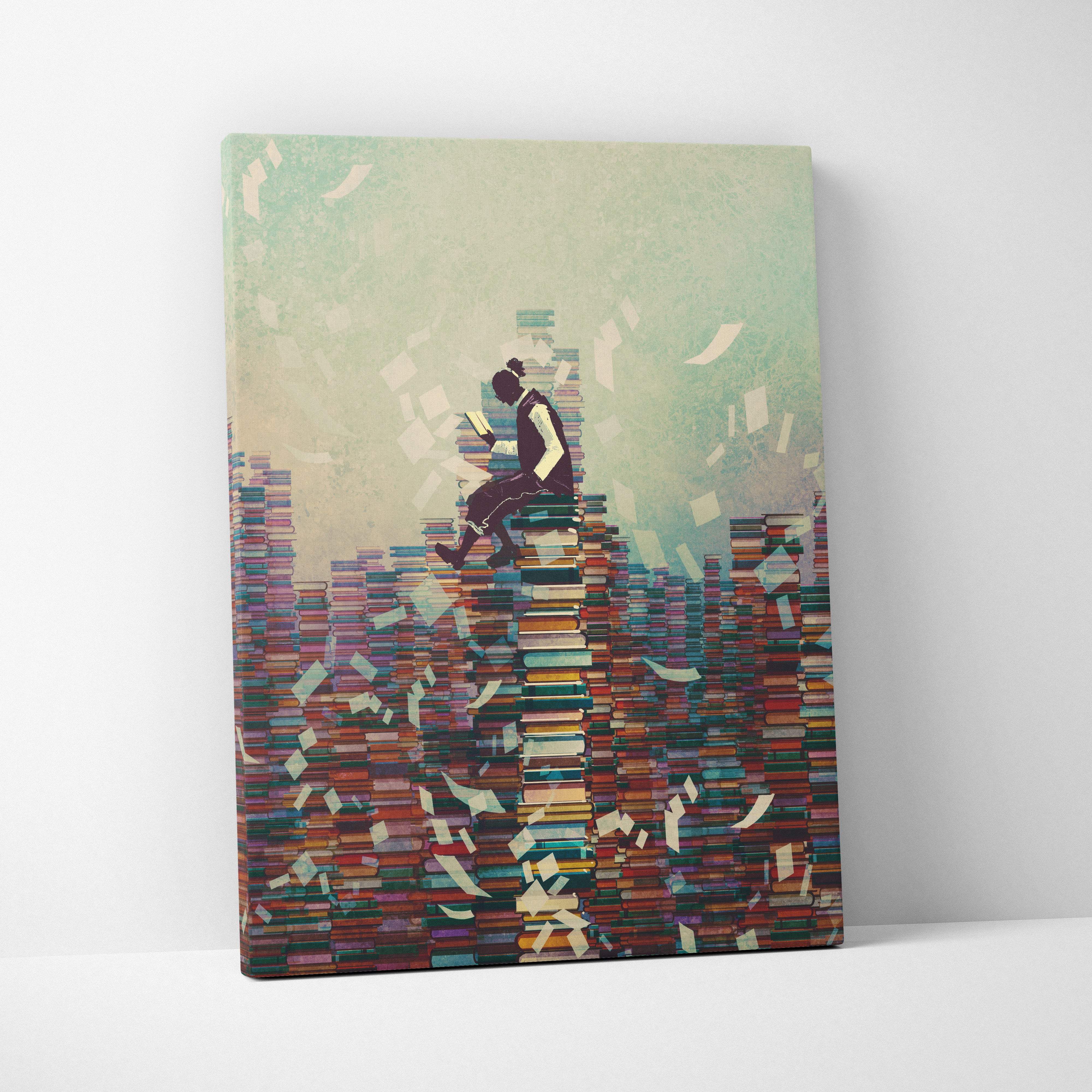 A colorful rectangular canvas print featuring a surreal illustration of a person reading atop towering book stacks with floating pages