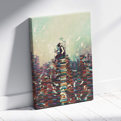 A vibrant rectangular canvas print showing a silhouette reading amid a colorful surreal book stack landscape