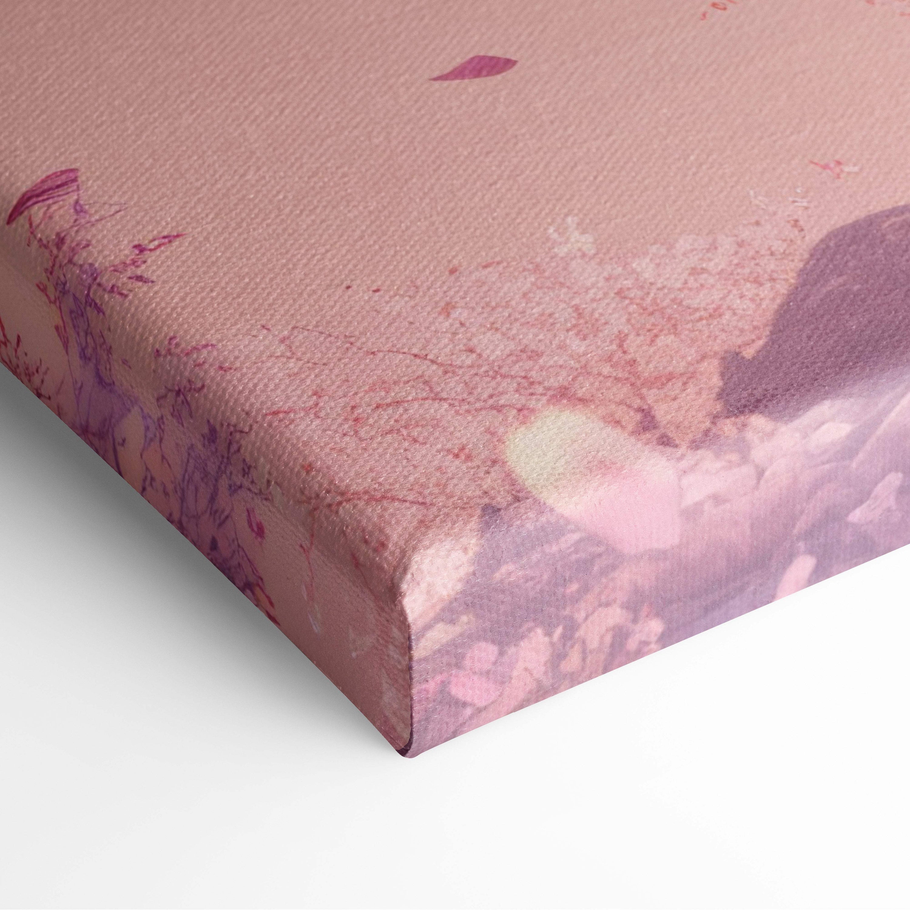 Pink and purple floral canvas wall art with textured distressed finish featuring cherry blossom tree and falling petals