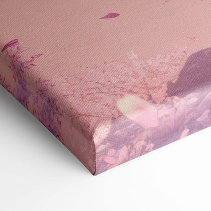 Pink and purple floral canvas wall art with textured distressed finish featuring cherry blossom tree and falling petals