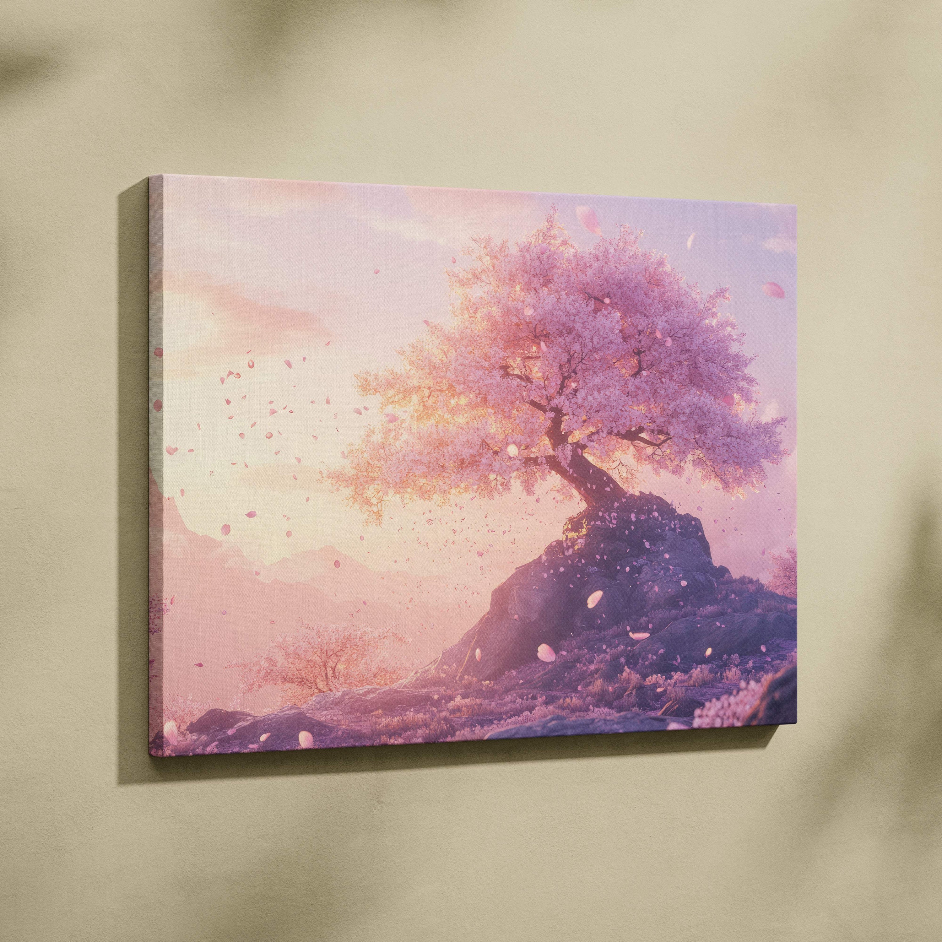 A framed canvas print of a pink cherry blossom tree in full bloom with falling petals against a soft pastel sky