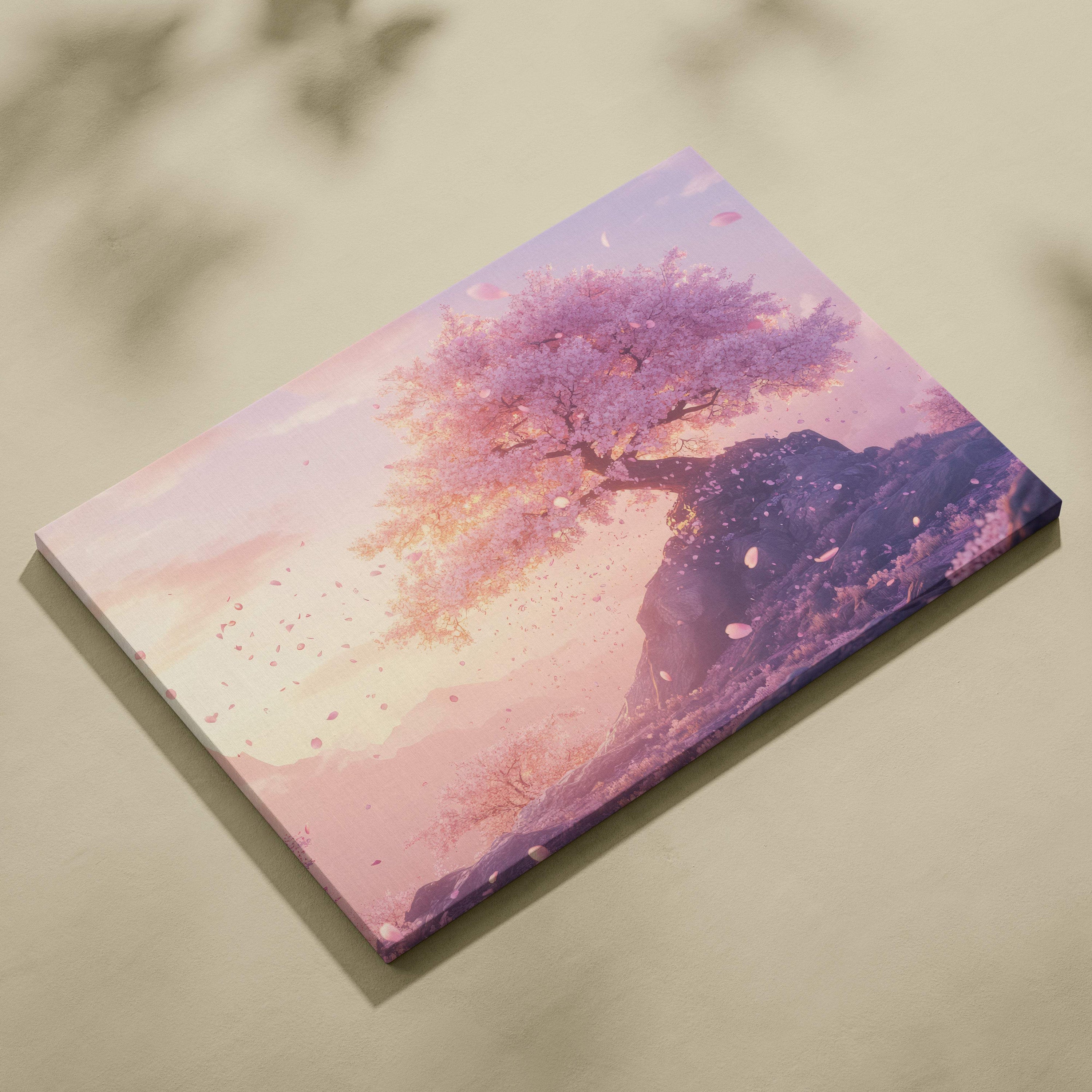 Pink cherry blossom tree canvas wall art with serene pink and purple blossoms on a soft gradient sky background