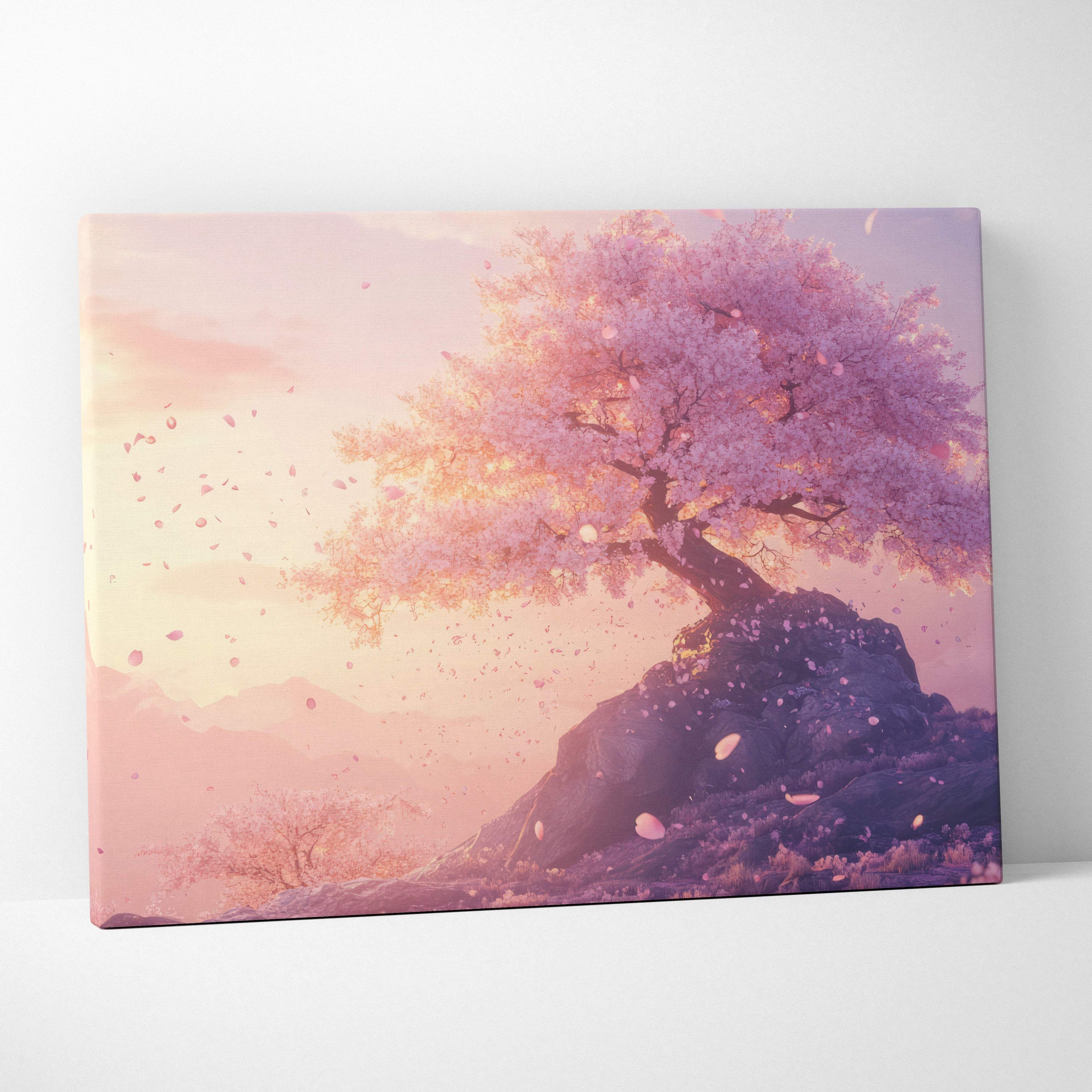 Pink cherry blossom tree canvas wall art with pink petals against pastel sky in soft fantasy painting style