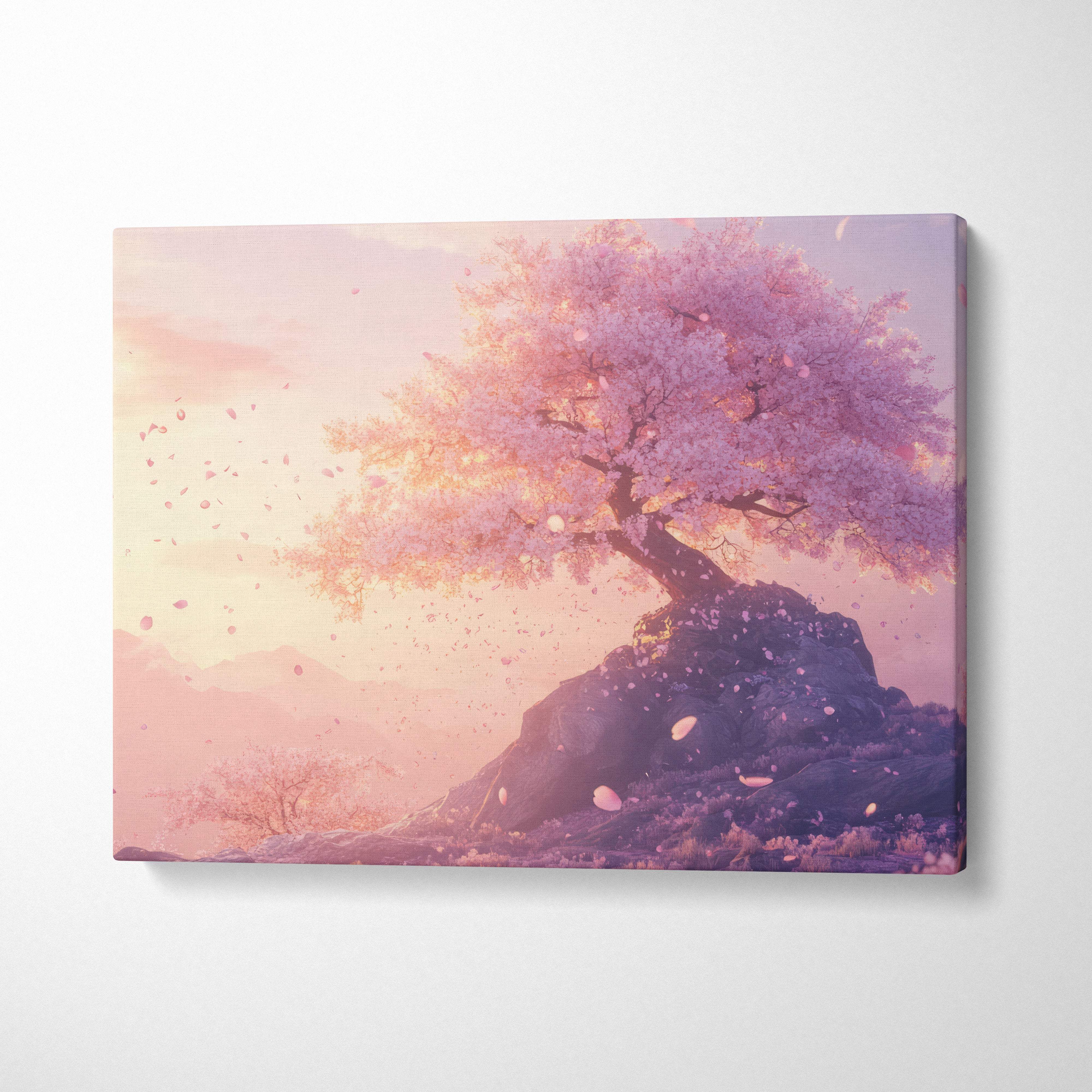 Soft pink and lavender canvas wall art featuring a blossoming cherry tree on a rocky outcrop under a dreamy sky