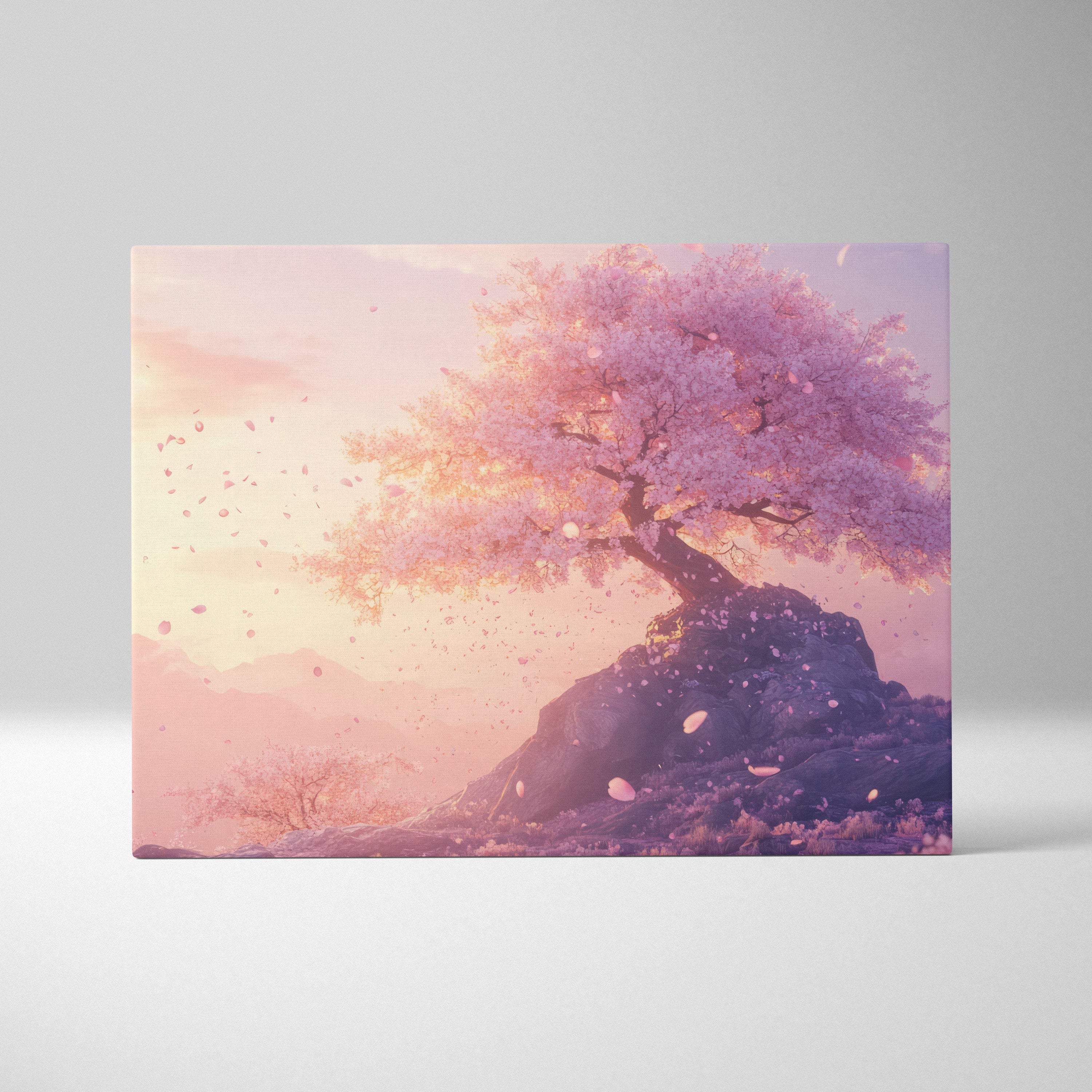Rectangular canvas wall art featuring a pink cherry blossom tree with falling petals against a pastel sky for serene decor