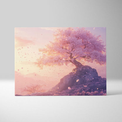 Rectangular canvas wall art featuring a pink cherry blossom tree with falling petals against a pastel sky for serene decor