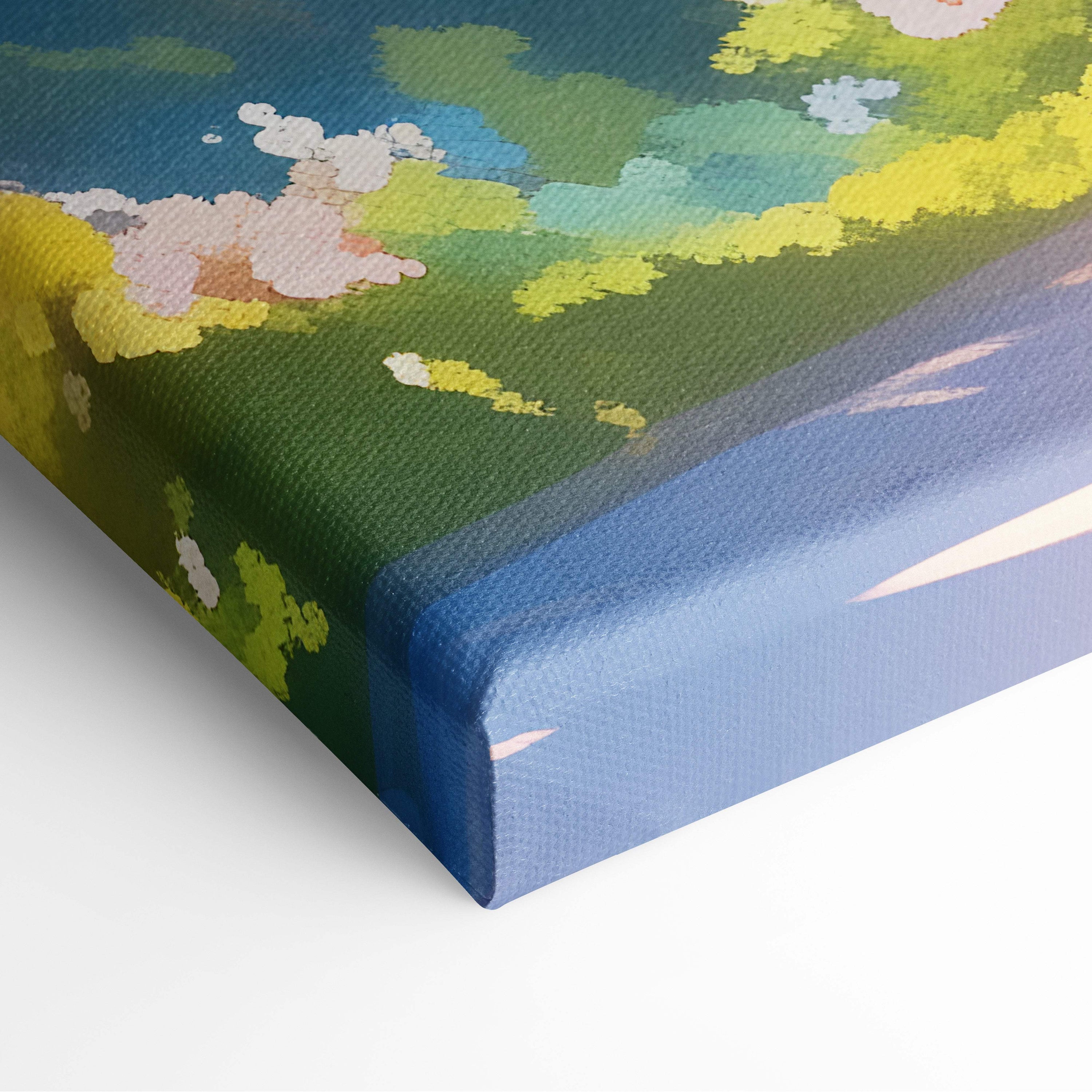 Vibrant pink cherry blossom road canvas wall art with lush green hills and blue sky in soft pastel anime style