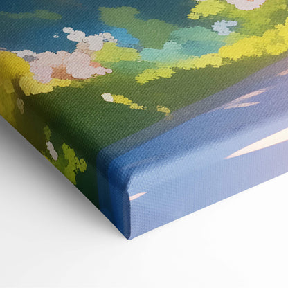 Vibrant pink cherry blossom road canvas wall art with lush green hills and blue sky in soft pastel anime style