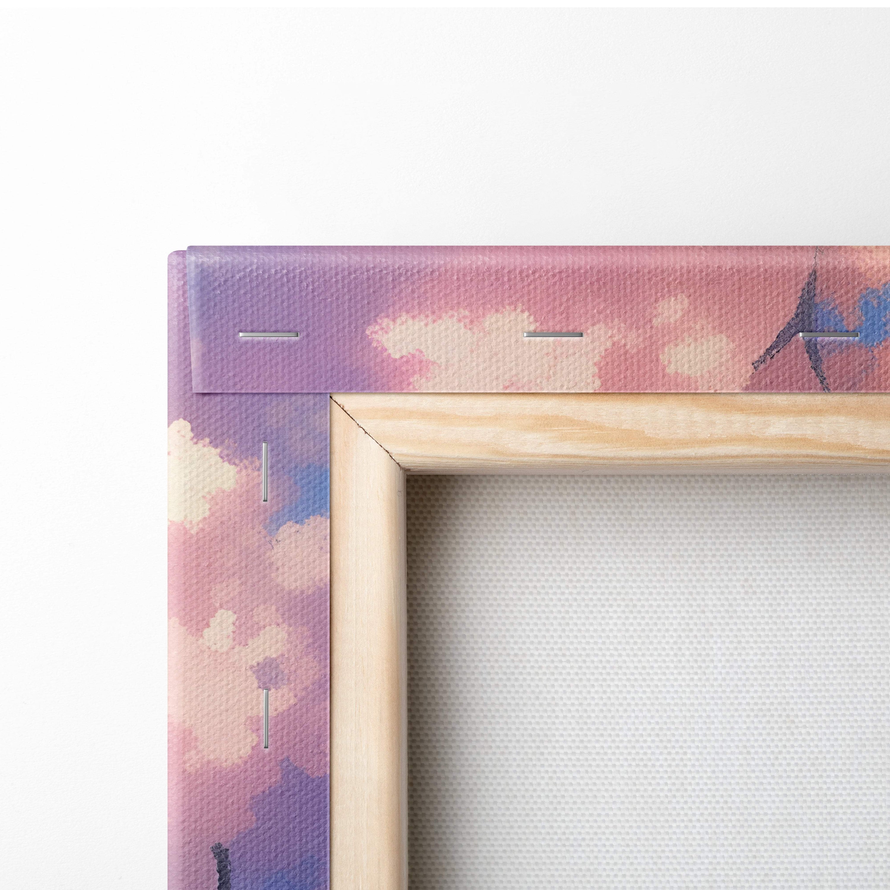 Wooden-framed canvas print of pink cherry blossom road with blue sky and soft pastel anime style clouds wall art