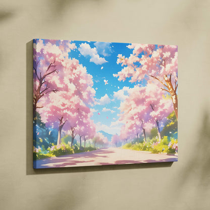 Pink cherry blossom road canvas wall art featuring a vibrant pastel anime style path under a bright blue sky