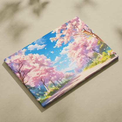 Pink cherry blossom road canvas wall art with vibrant anime-style pink trees under a bright blue sky with clouds