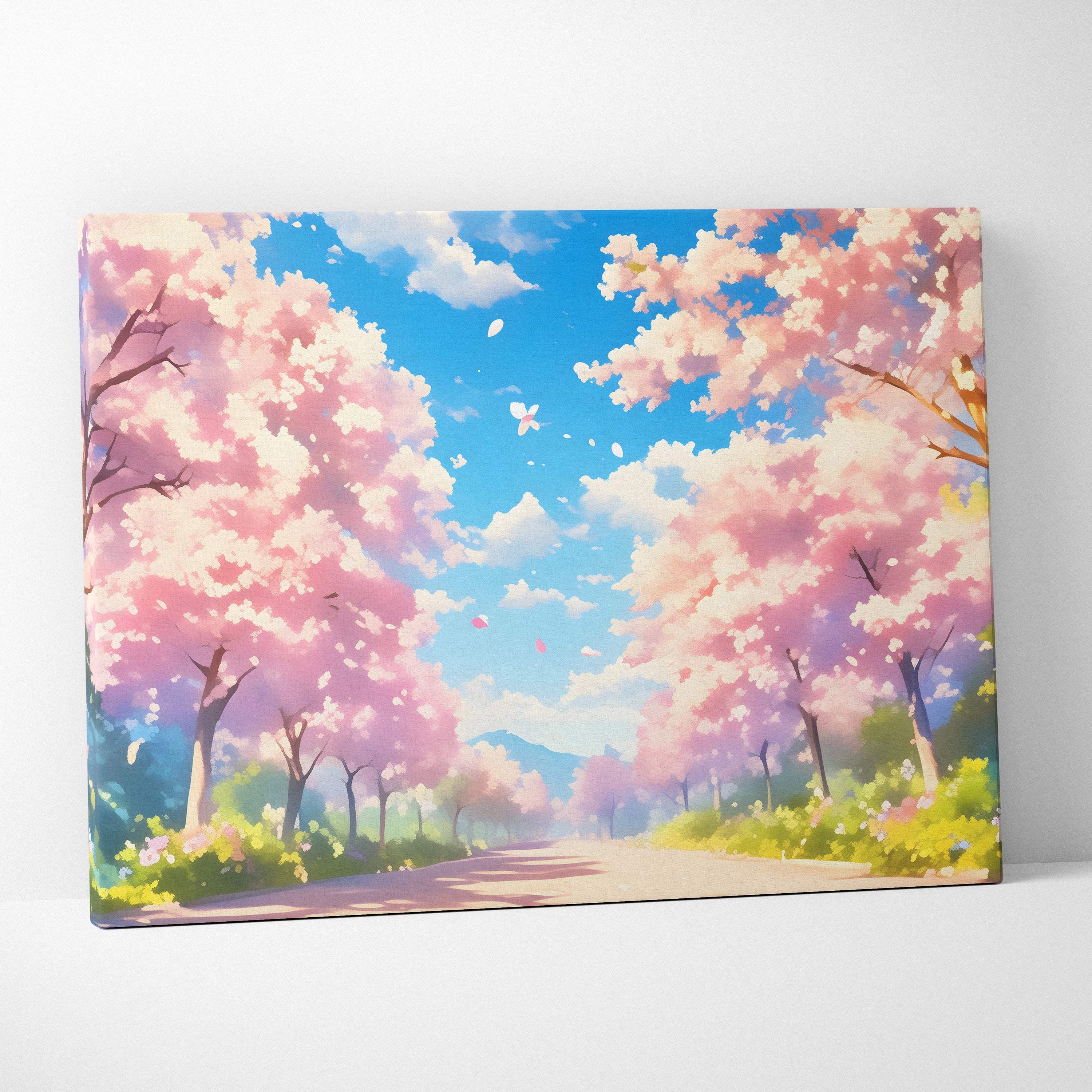 Pink cherry blossom road canvas wall art showing a vibrant pathway with blooming pink trees under a bright blue sky