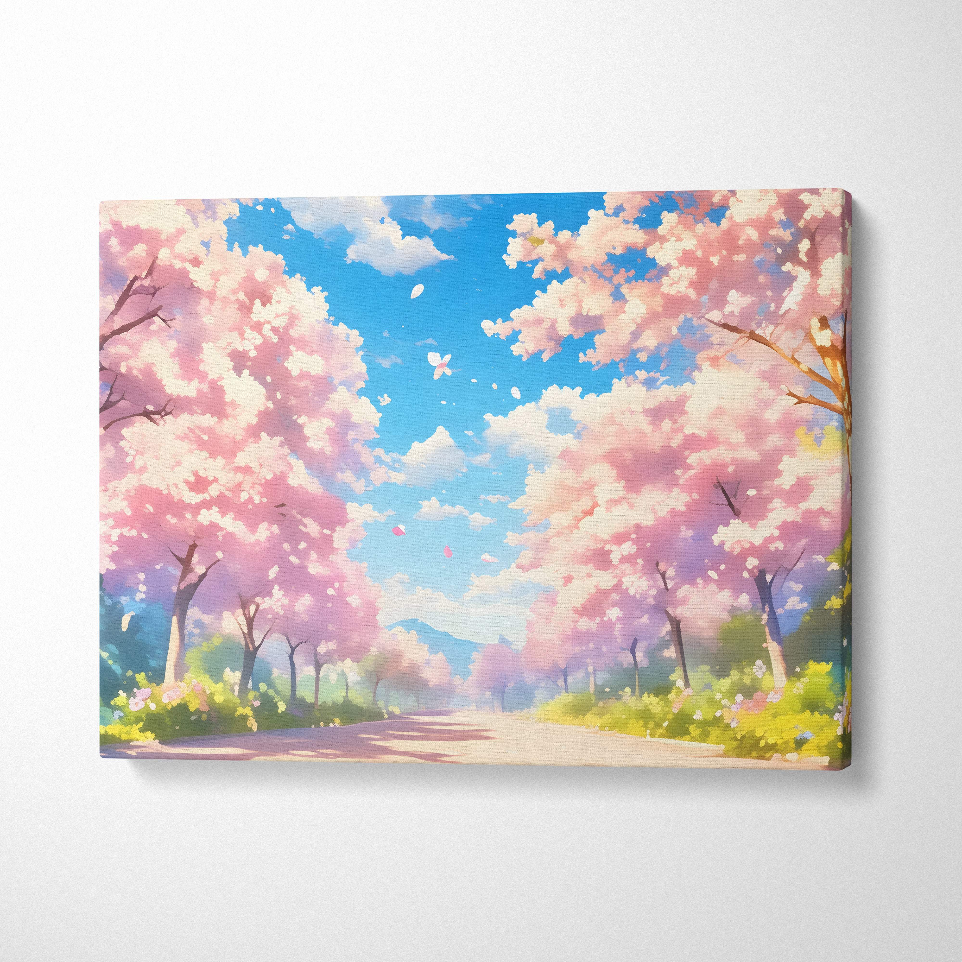 Rectangular canvas wall art of a sunlit pink cherry blossom road under blue sky in soft pastel anime style
