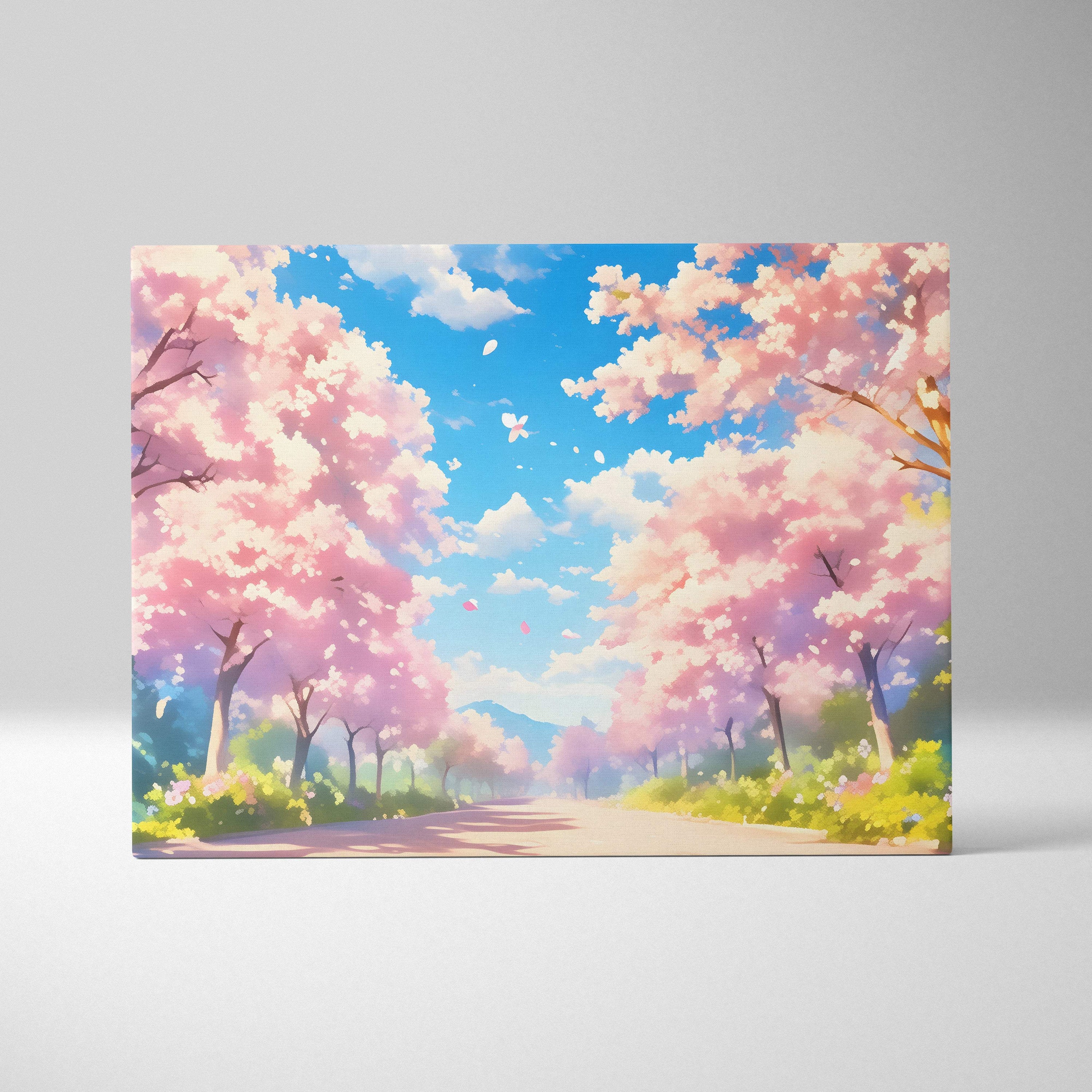 Rectangular canvas print of a vibrant pink cherry blossom road under a bright blue sky in soft pastel anime style