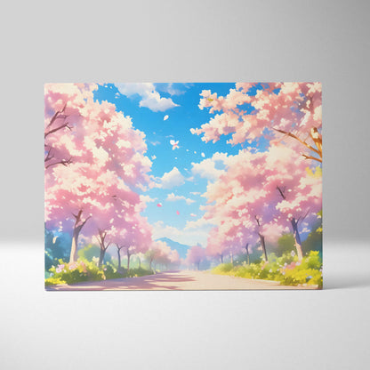 Rectangular canvas print of a vibrant pink cherry blossom road under a bright blue sky in soft pastel anime style