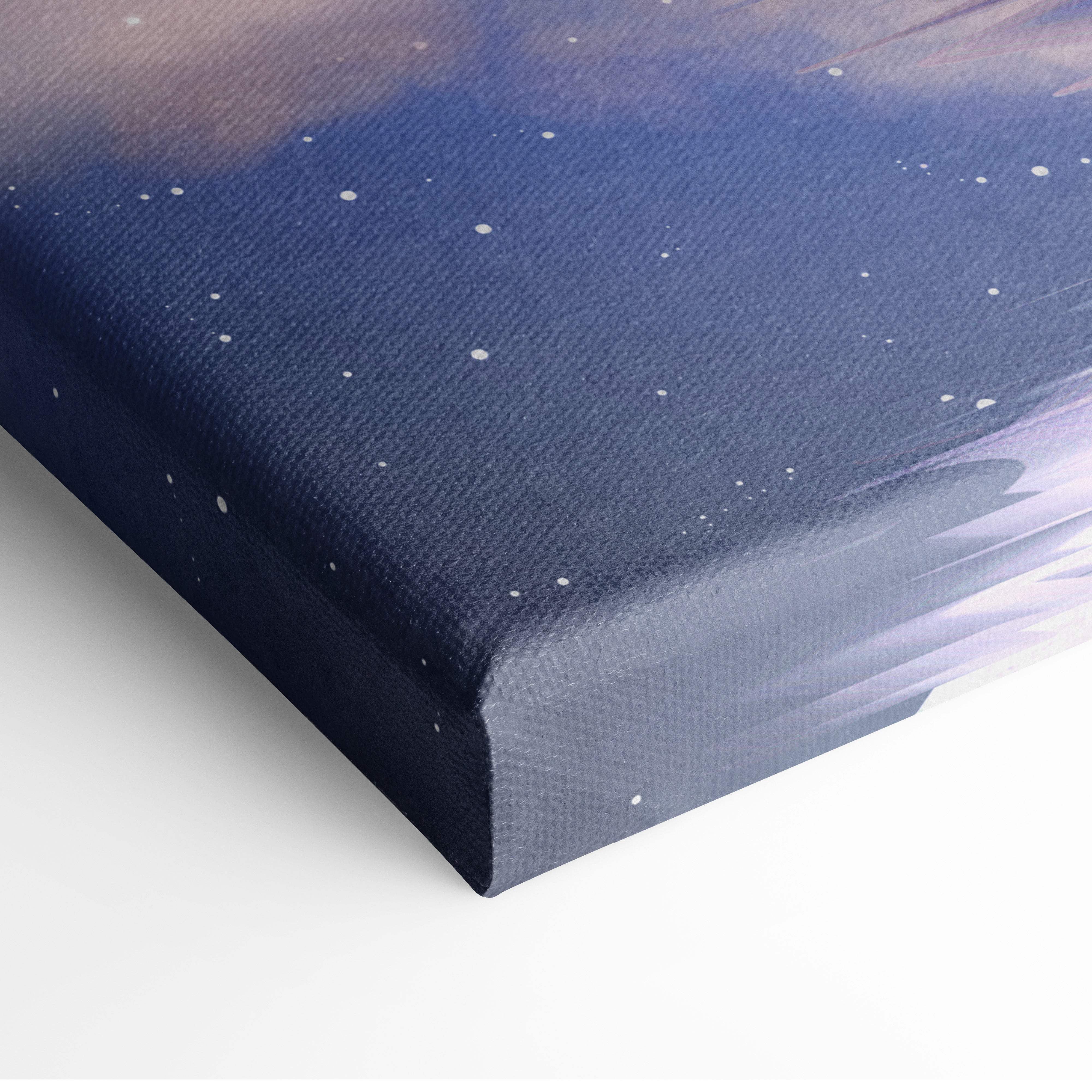 A deep blue surreal moonlight canvas print featuring a starry night sky with a woman holding a red umbrella