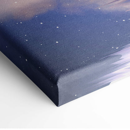 A deep blue surreal moonlight canvas print featuring a starry night sky with a woman holding a red umbrella