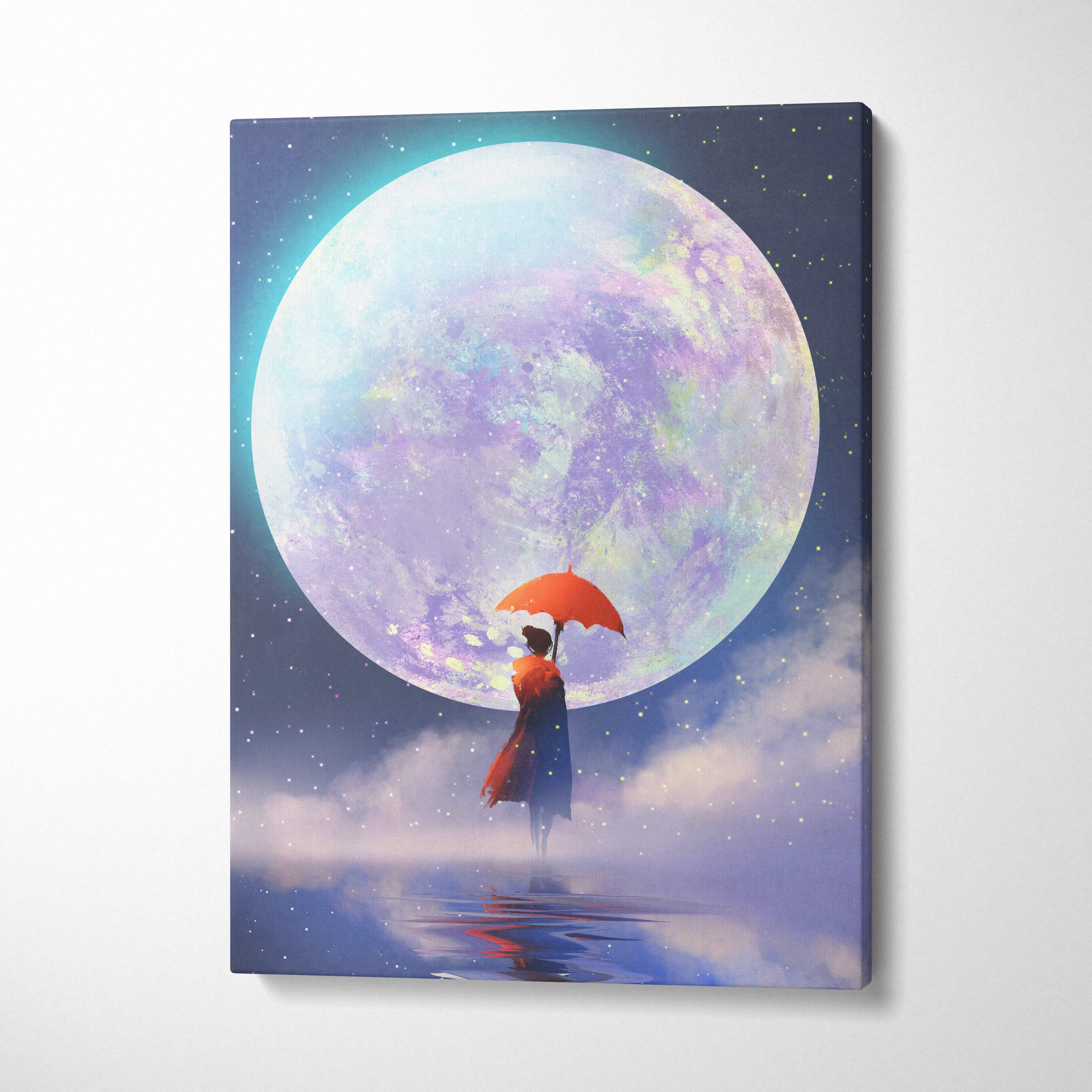Lunar dreamscape serenity canvas art of woman with vibrant orange umbrella in red and blue coat under iridescent moon