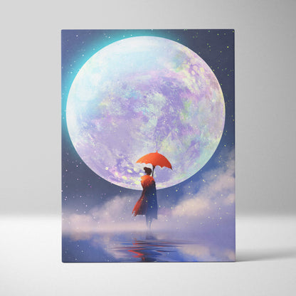 A rectangular canvas print featuring a surreal woman in a red coat with an orange umbrella against a moonlit sky