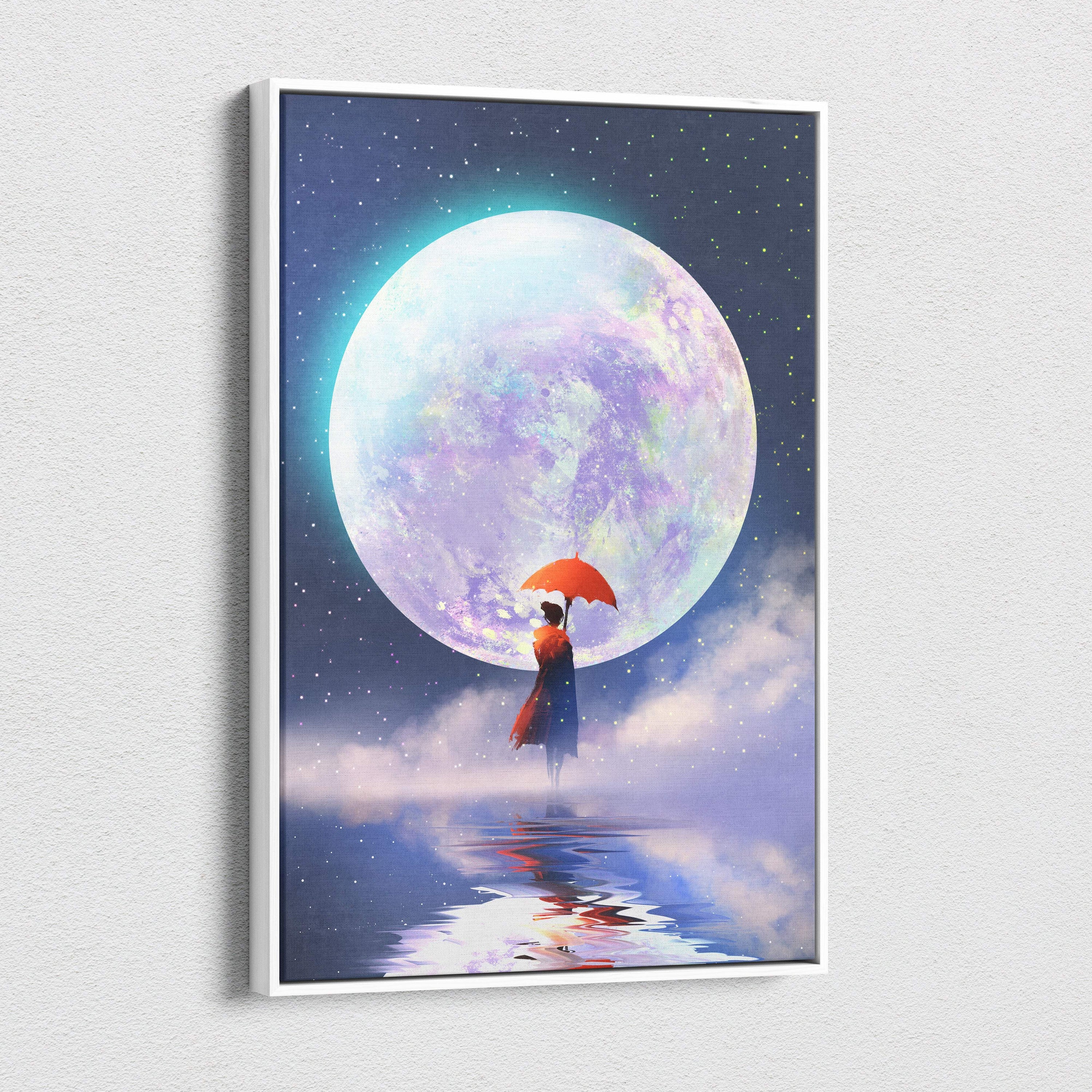 A framed canvas print of a woman with red umbrella beneath a large iridescent moon over reflective water