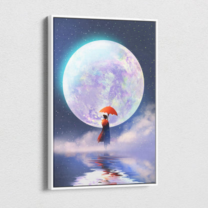 A framed canvas print of a woman with red umbrella beneath a large iridescent moon over reflective water