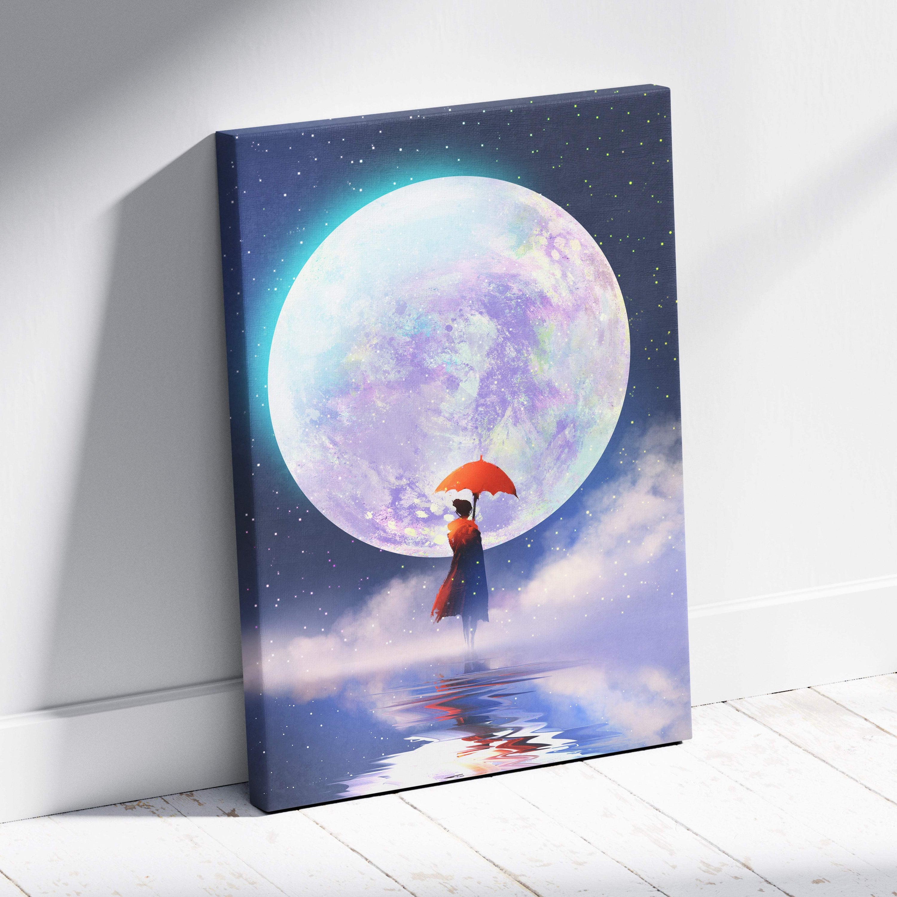 A vibrant canvas print of a woman in a red coat holding an orange umbrella with a glowing purple moon backdrop