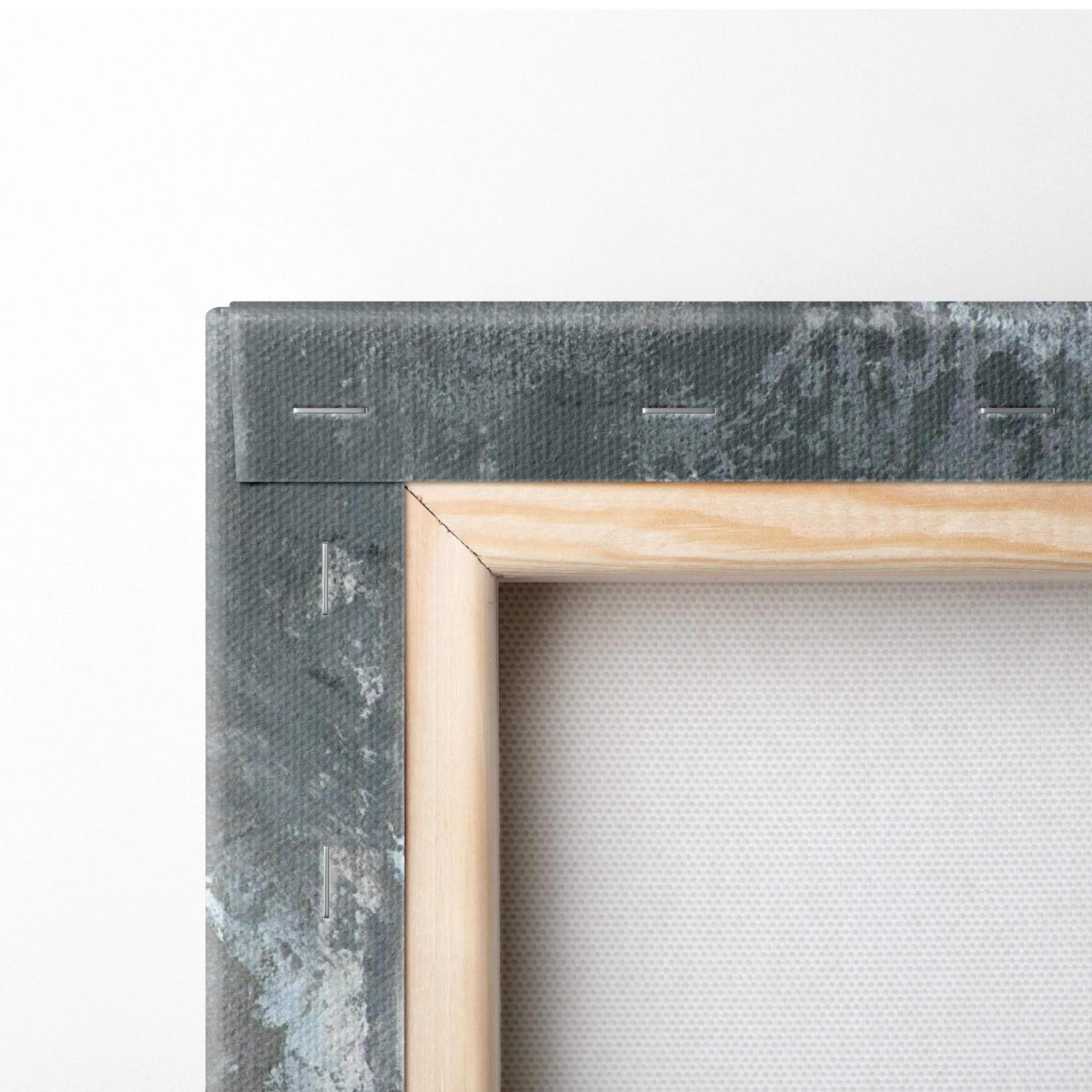 A rustic gray canvas frame with light wood border and stitching featuring a london rain scene painting style wall art