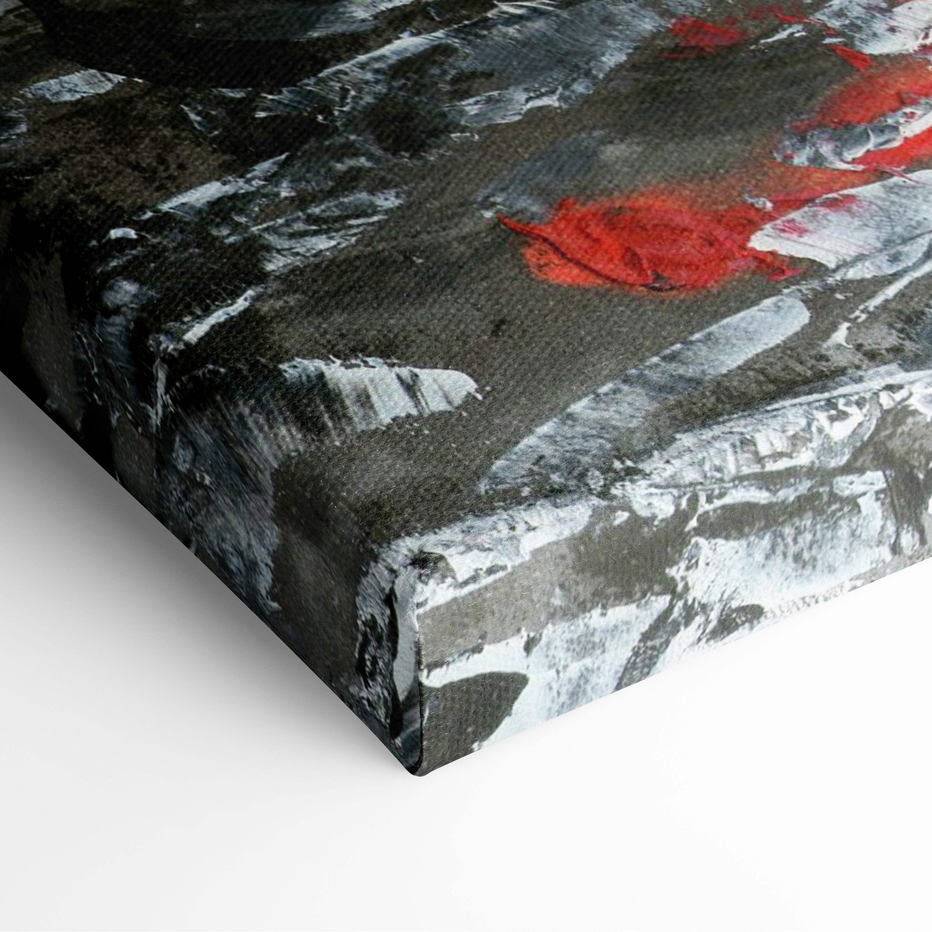 A textured canvas print featuring bold black white and vibrant red brushstrokes in london rain scene painting style wall art