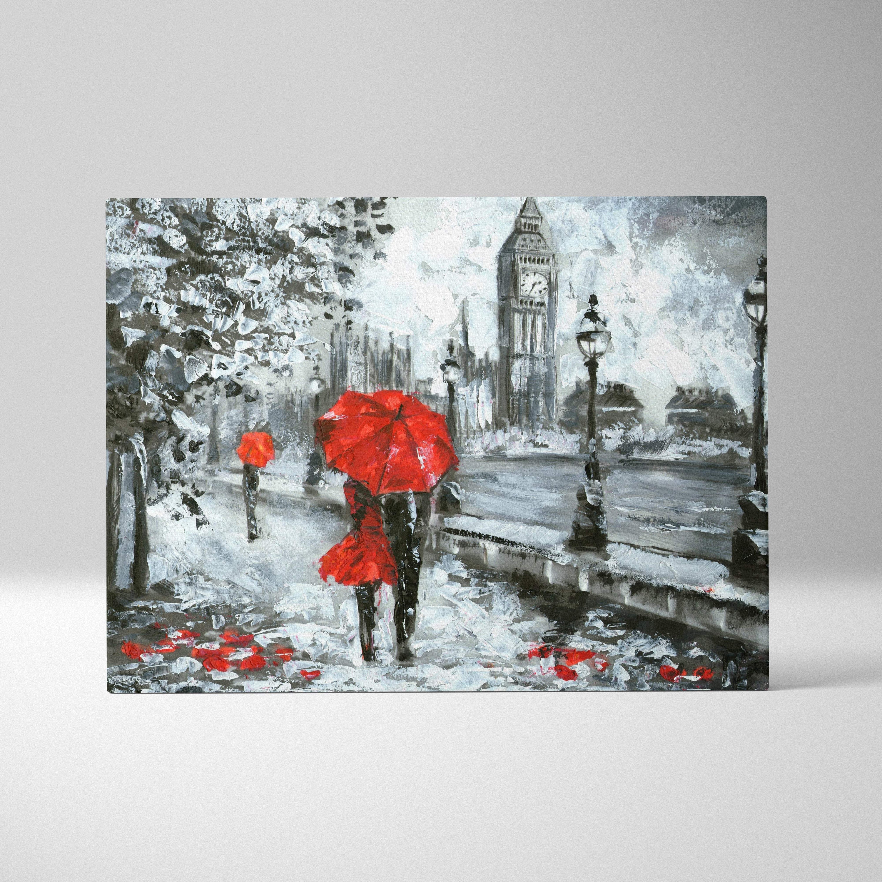 London rain scene painting style wall art featuring a red umbrella couple and Big Ben cityscape canvas print