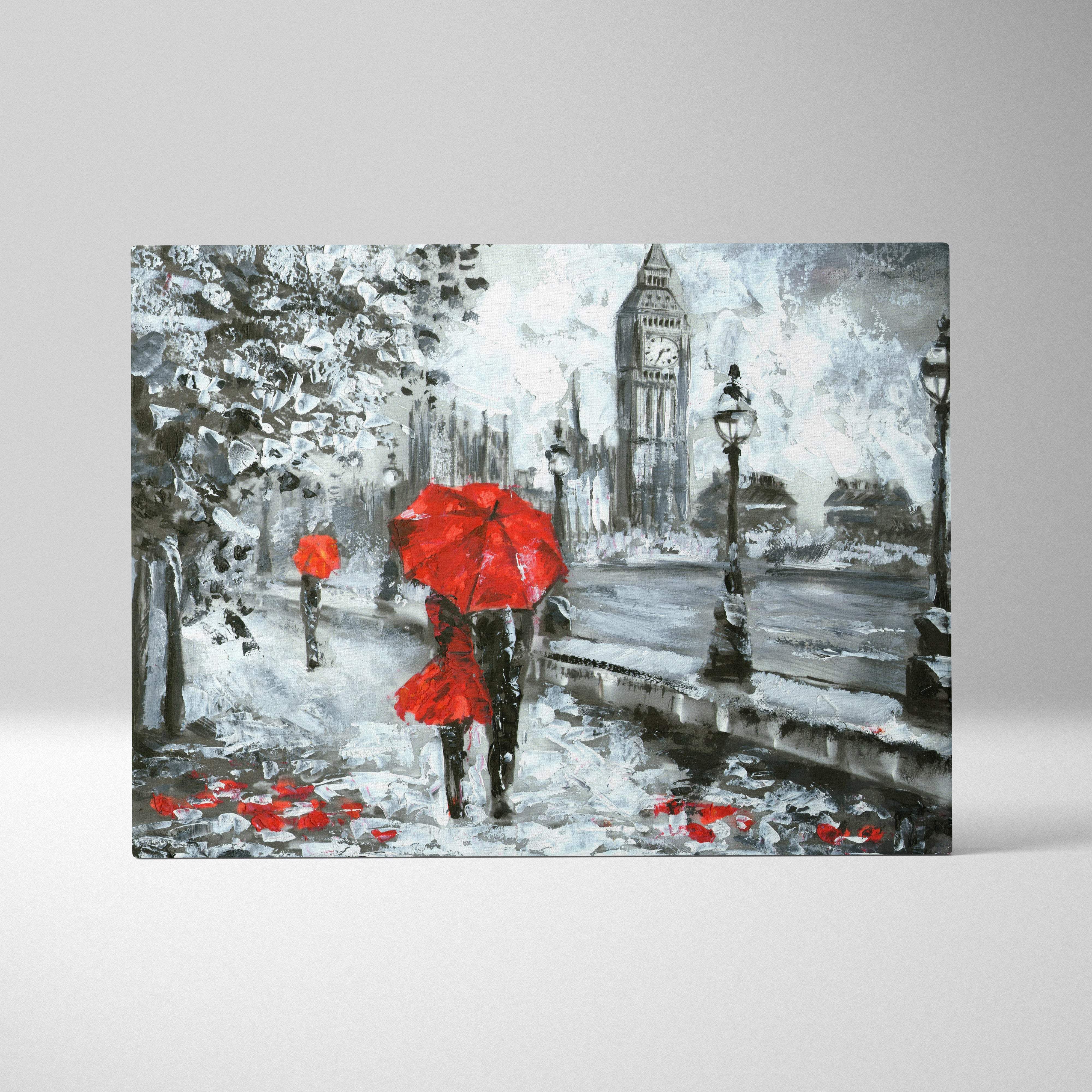 London rain scene painting style wall art featuring a red umbrella couple and Big Ben cityscape canvas print