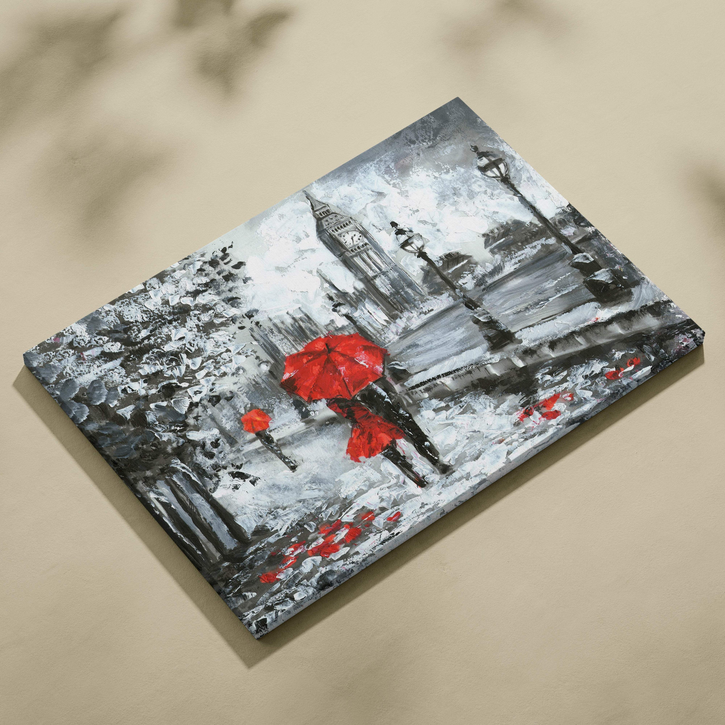 A vibrant red umbrella stands out on a monochrome london big ben cityscape canvas print wall art