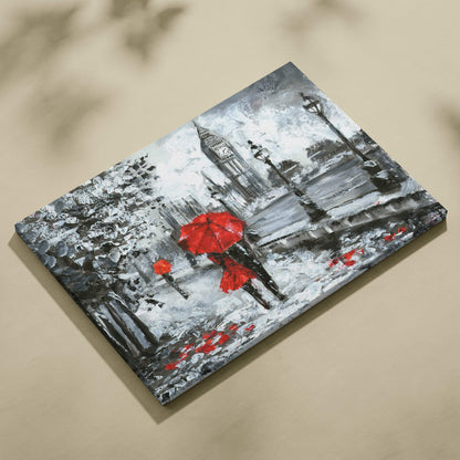 A vibrant red umbrella stands out on a monochrome london big ben cityscape canvas print wall art