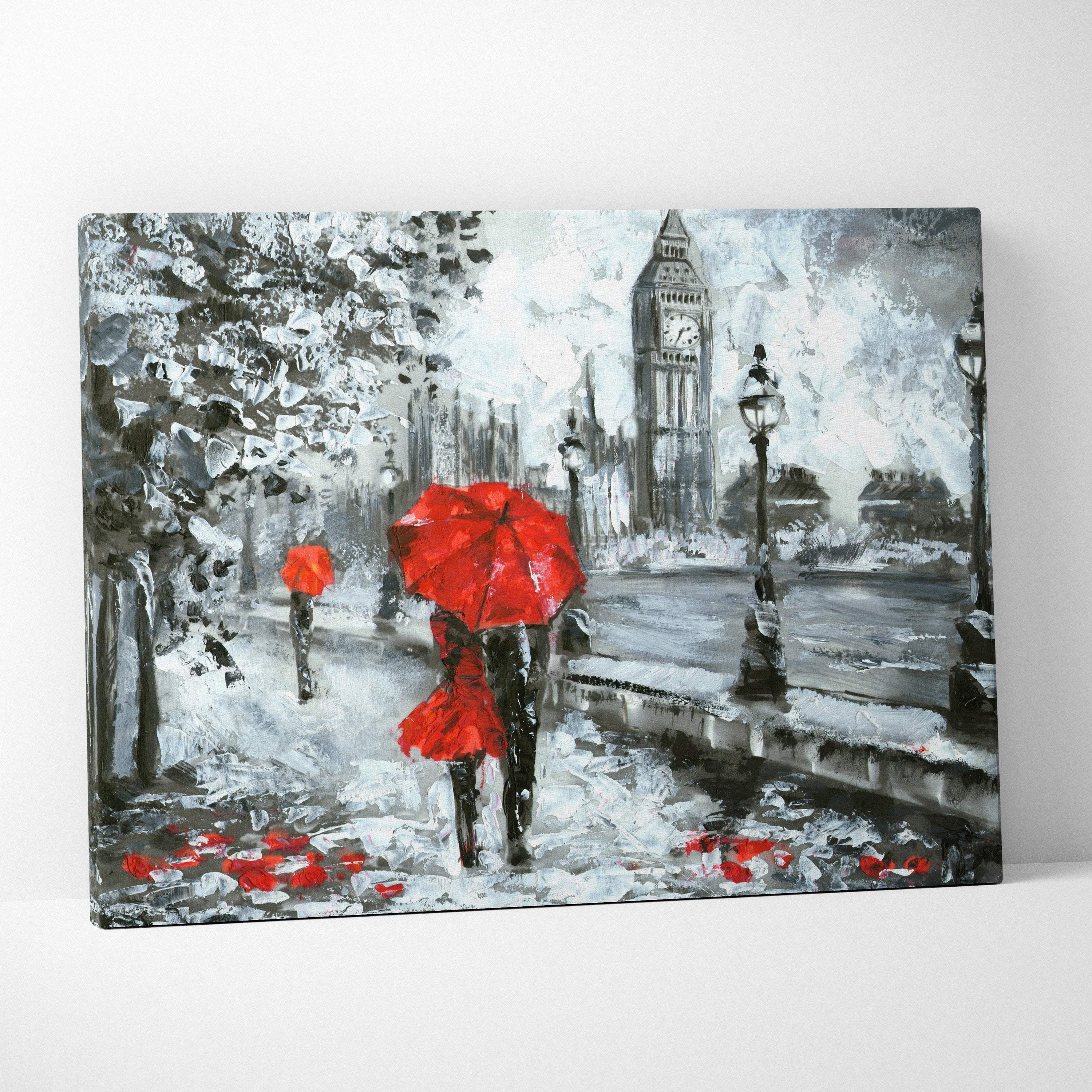 Red umbrella couple painting style wall art with vibrant red umbrella figure and big ben cityscape in monochrome