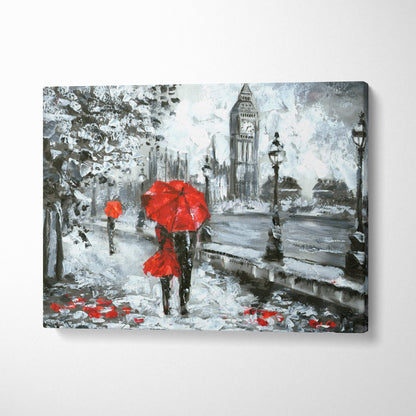 London rain scene painting style wall art featuring a red umbrella couple by Big Ben on a snowy cityscape canvas print