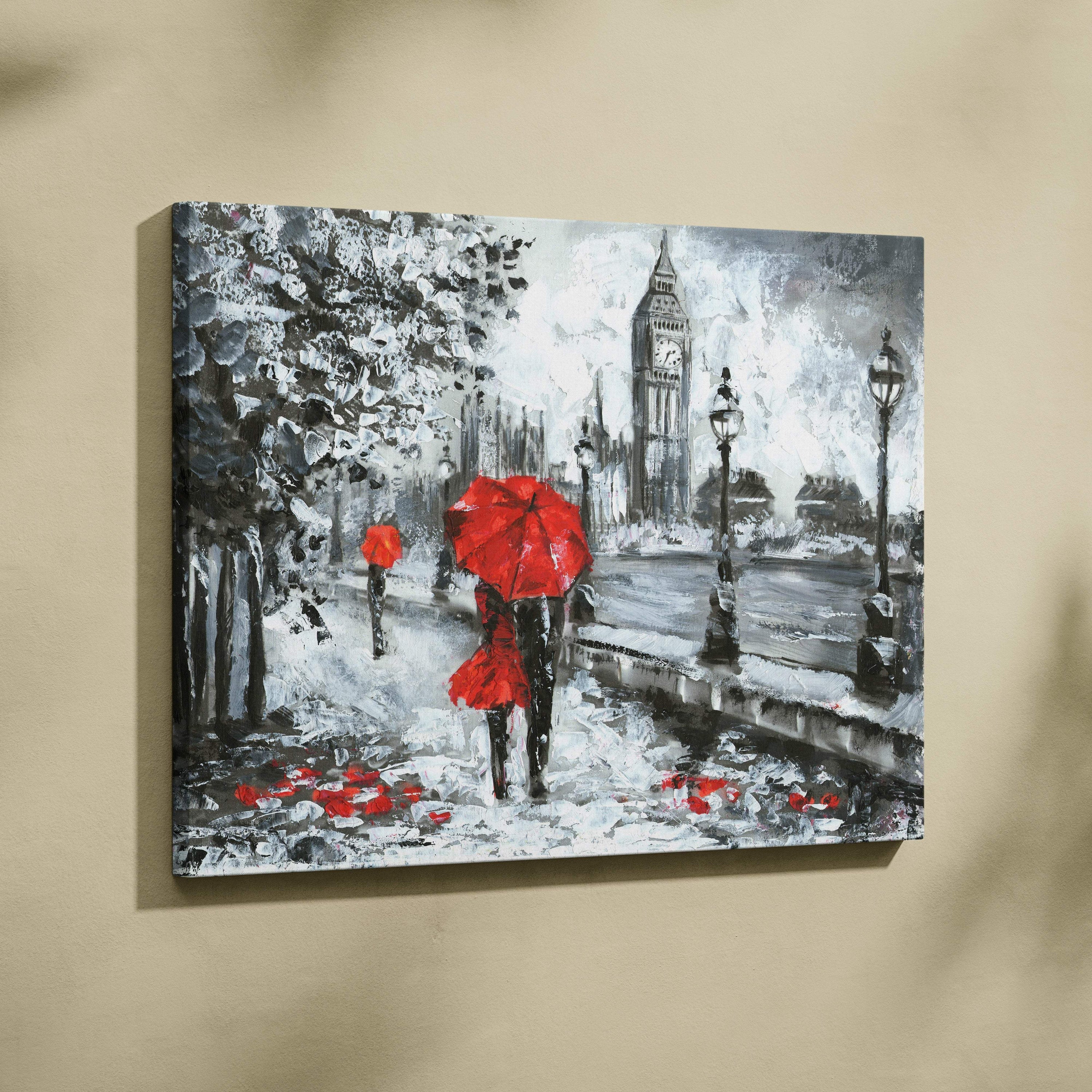 London rain scene painting style wall art featuring a vibrant red umbrella on a rainy canvas cityscape with big ben