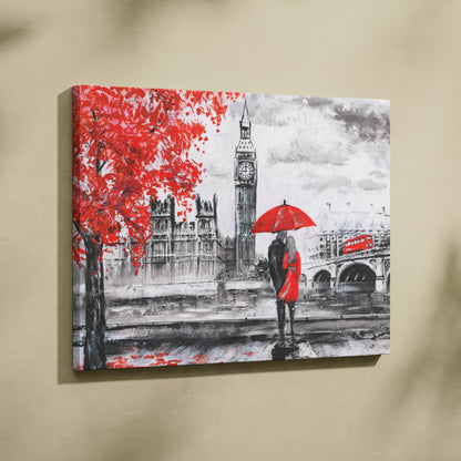 London romance painting style wall art of a couple under a red umbrella with big ben and red buses cityscape