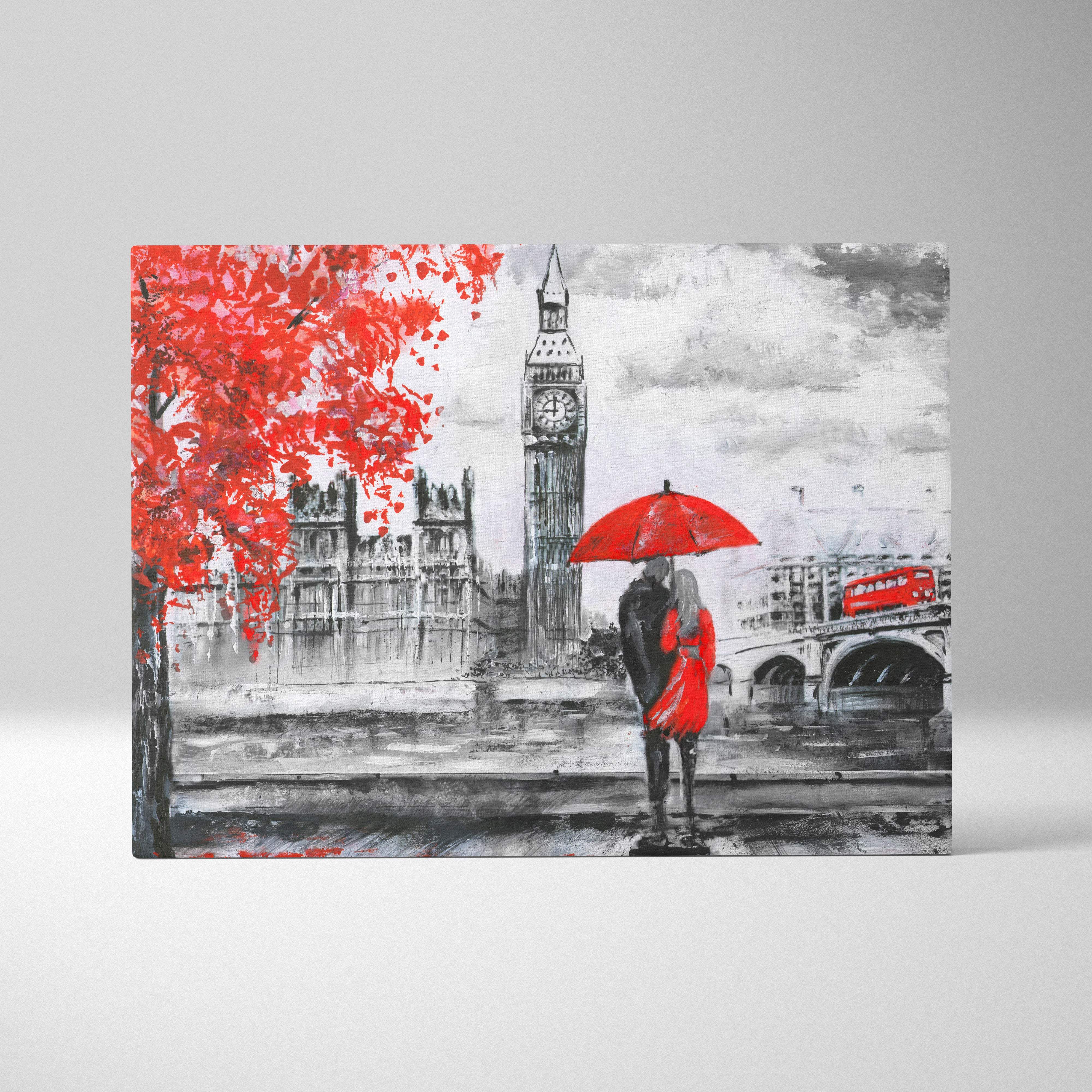 London romance painting style wall art featuring a red umbrella couple under big ben in monochrome cityscape canvas print