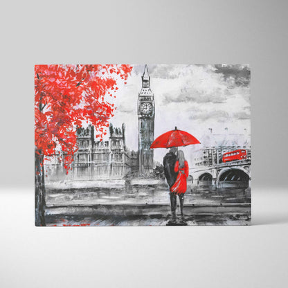 London romance painting style wall art featuring a red umbrella couple under big ben in monochrome cityscape canvas print
