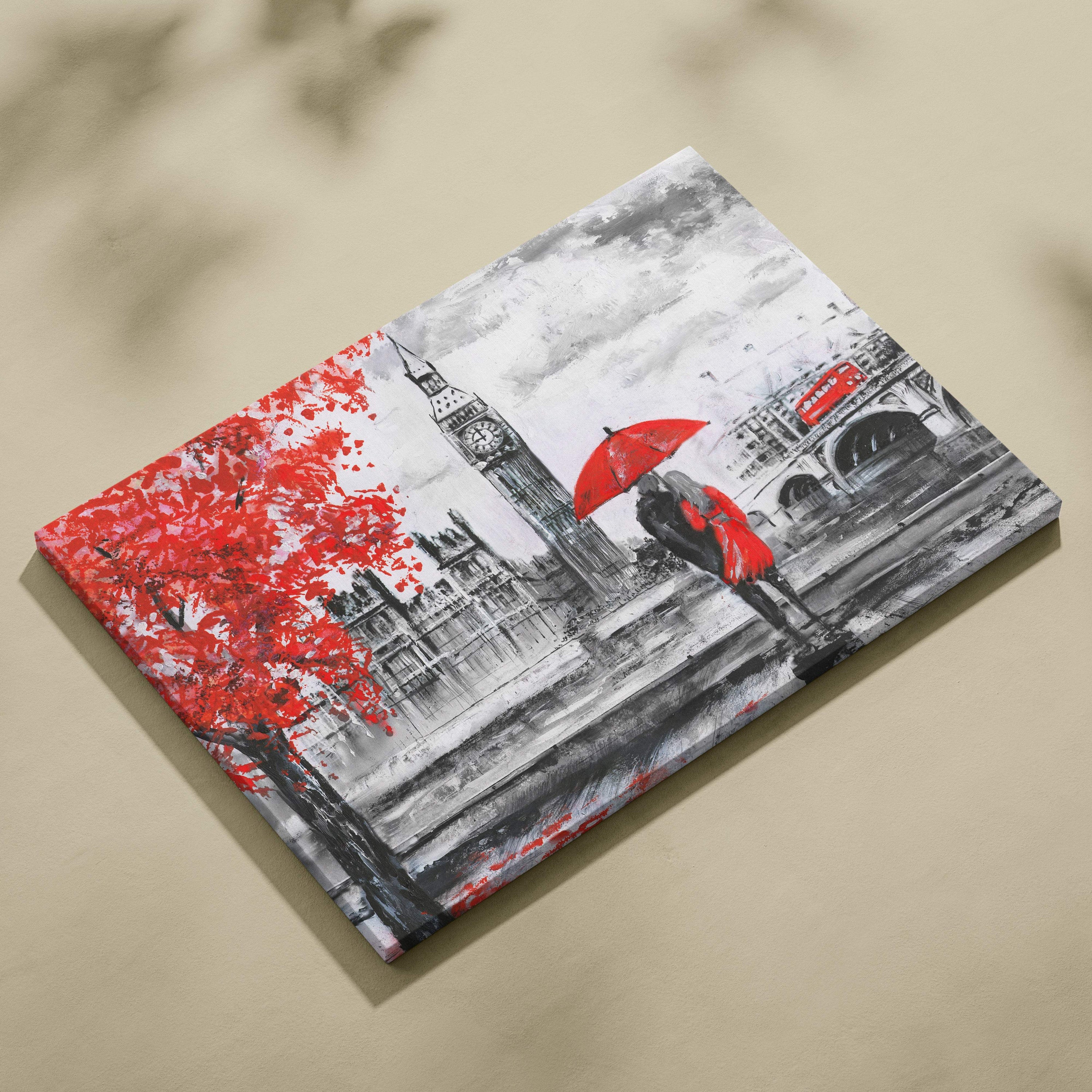 London romance painting style wall art canvas print featuring a red umbrella couple with Big Ben and Westminster Bridge