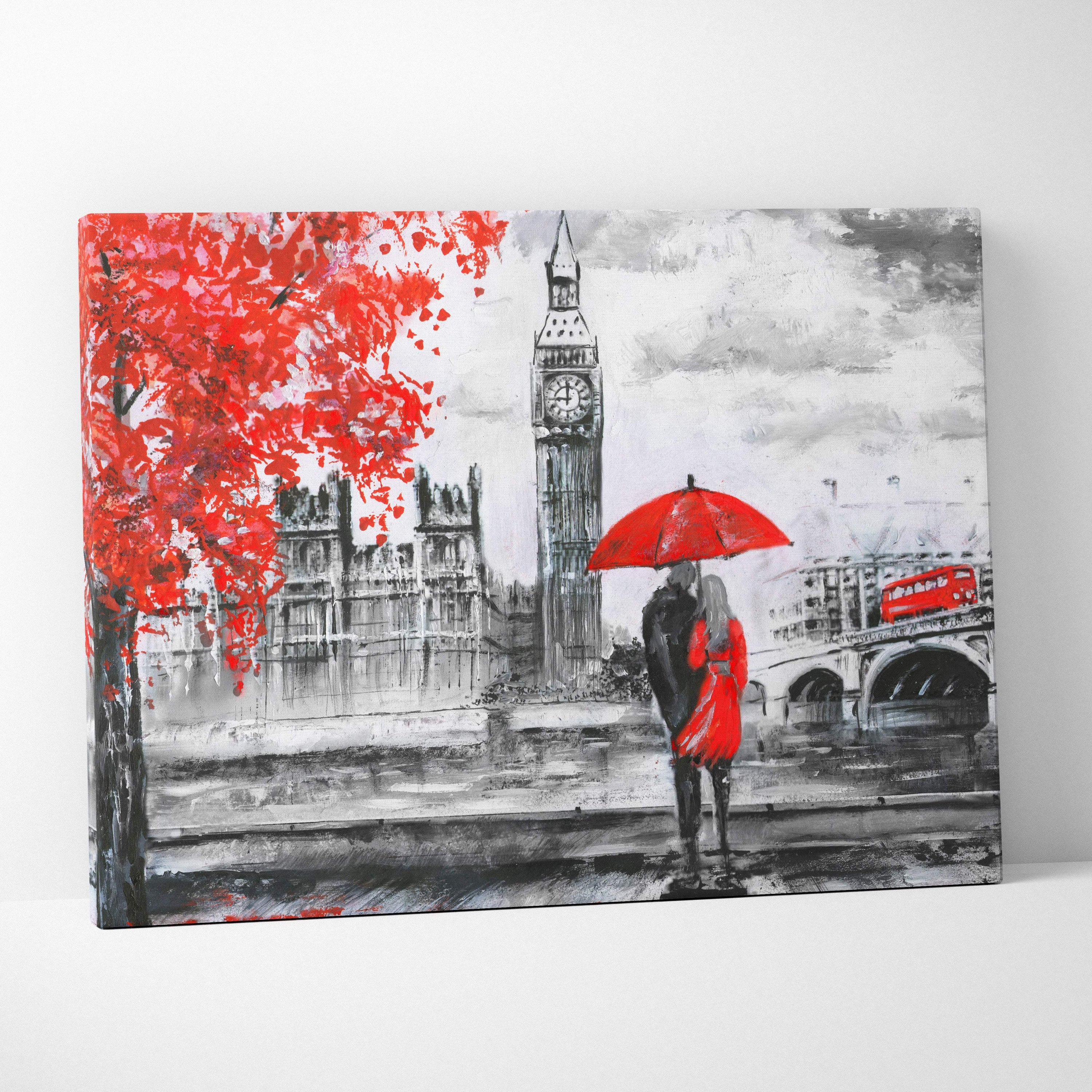 London romance painting style wall art showing a couple with a red umbrella near big ben and red buses in the rain