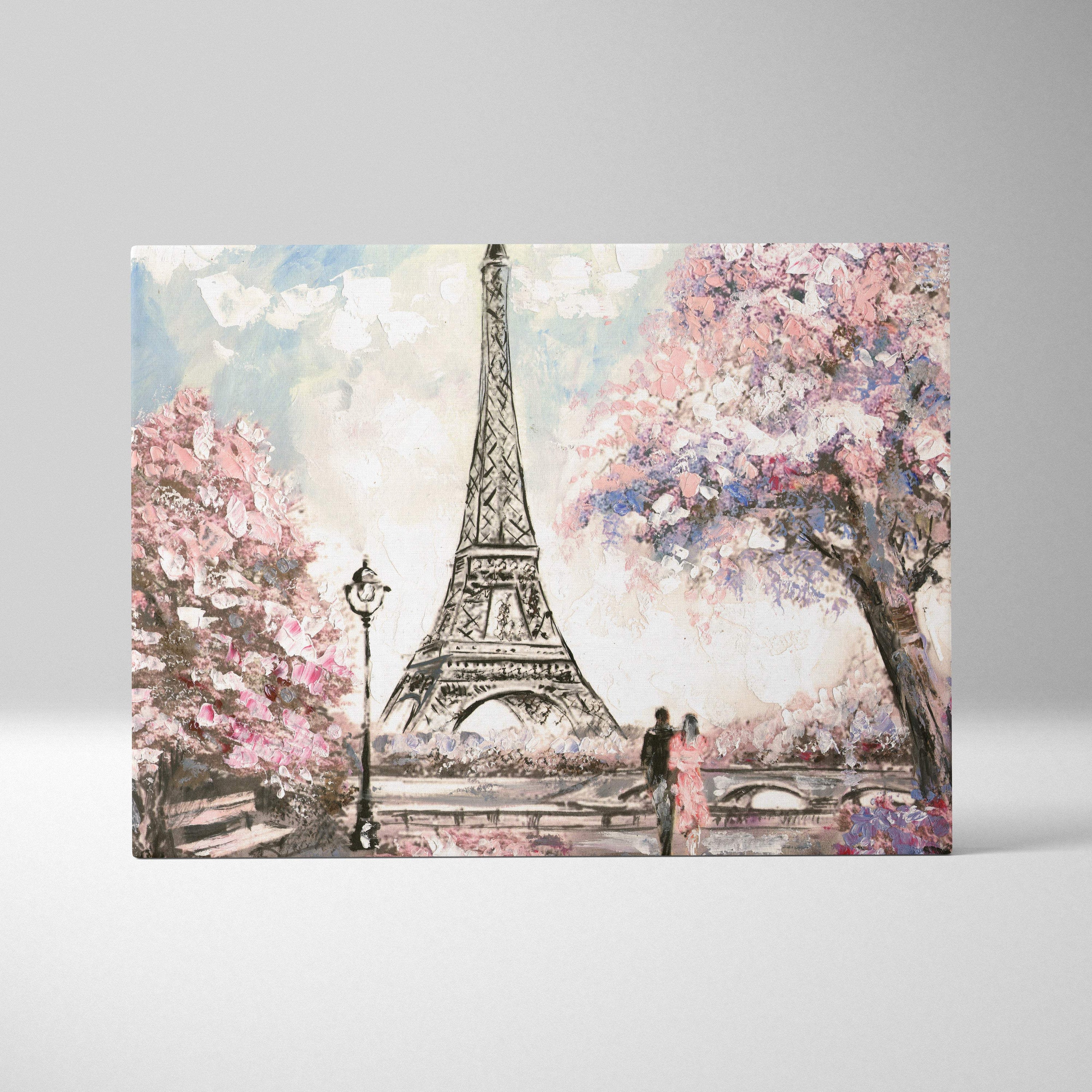 Rectangular canvas painting of eiffel tower with pink cherry blossoms and pastel skies in paris spring romance style