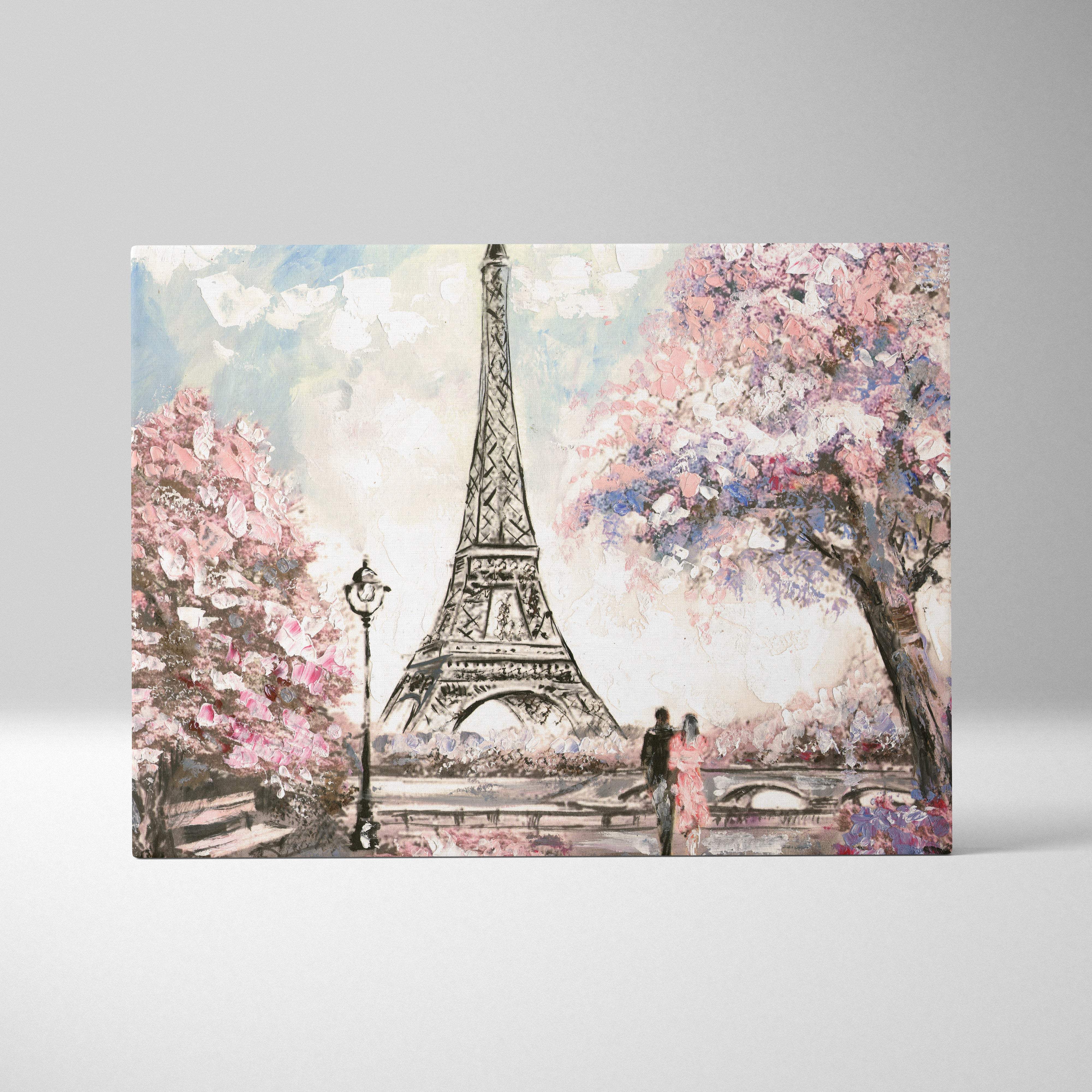 Rectangular canvas painting of eiffel tower with pink cherry blossoms and pastel skies in paris spring romance style
